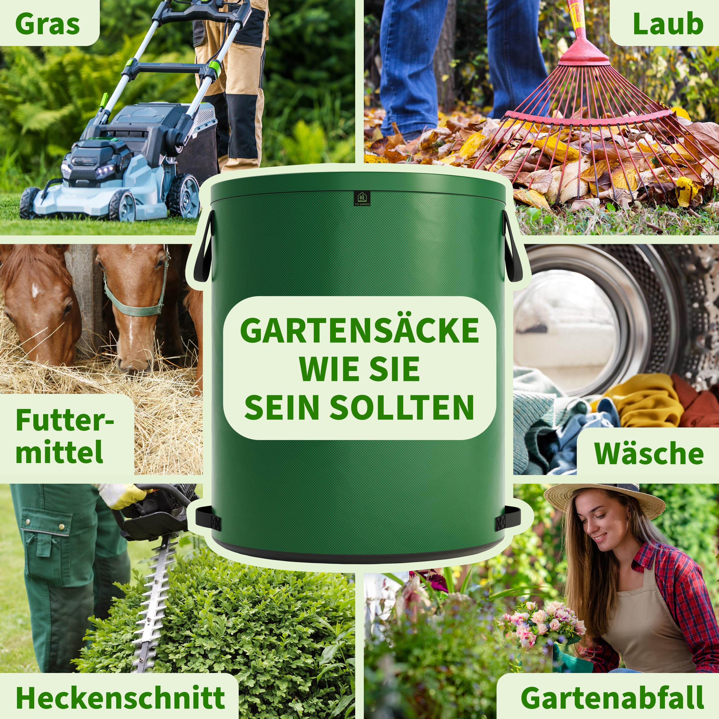 TTL Garden 2 x 500 l super solidny worek ogrodowy zielony – podwójne dno 2 x 200 g/m², bardzo stabilny i odporny na rozerwanie, wolnostojący, 4 uchwyty, duży, wytrzymały, zestaw 2 worków na liście
