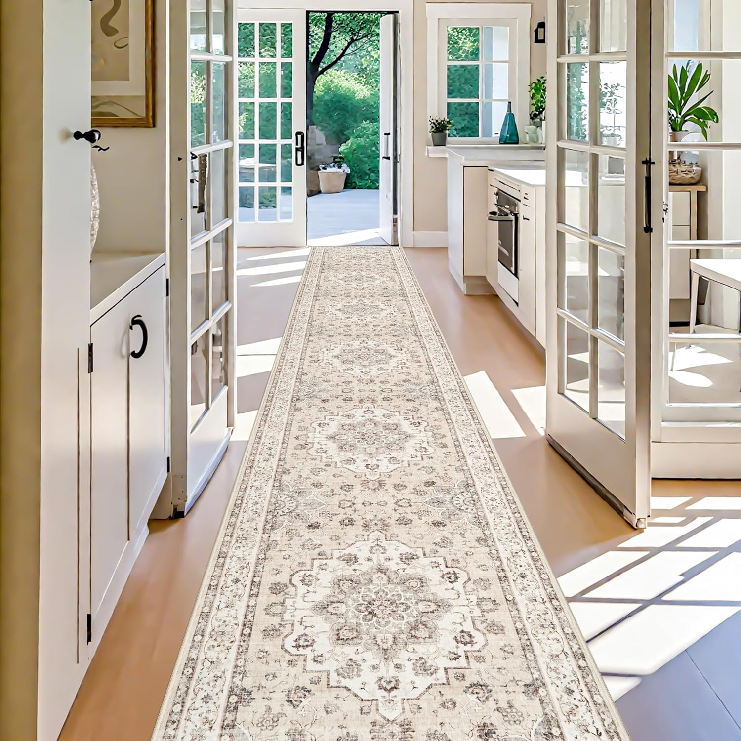 3x20 Long Hallway Runner Rug: Washable Stain Resistant Living Room Carpet Medallion Non-Slip Thin Rugs for Kinchen Dining Room Vintage Soft Low Pile Floor Mat for Bedroom Entryway (3x20,Cream/Beige) 3' x 20' (Rectangular) Cream Beige