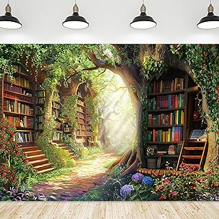 Riyidecor Fairy Library Backdrop Polyester Fabric Enchanted Woodland Bookshelf Green Garden Book Tree Floral Plant Kid 7Wx5H Feet Photography Background Birthday Baby Shower Photo Studio Shoot