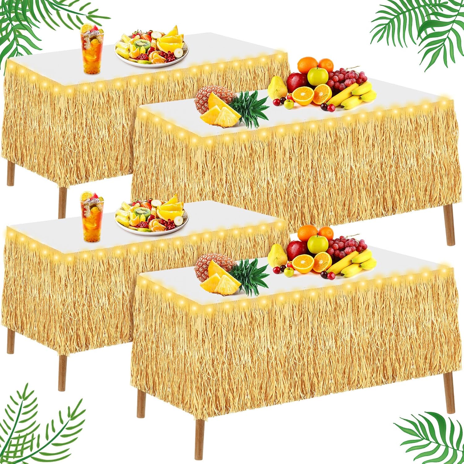 Sinmoe 4 Pack Hawaiian Luau Grass Fringe Banner Table Skirt with LED Lights 160 x 12 Inch Raffia Grass Table Skirt for Bar Tropical Beach Party Hula Birthday Garland Graduation Decorations