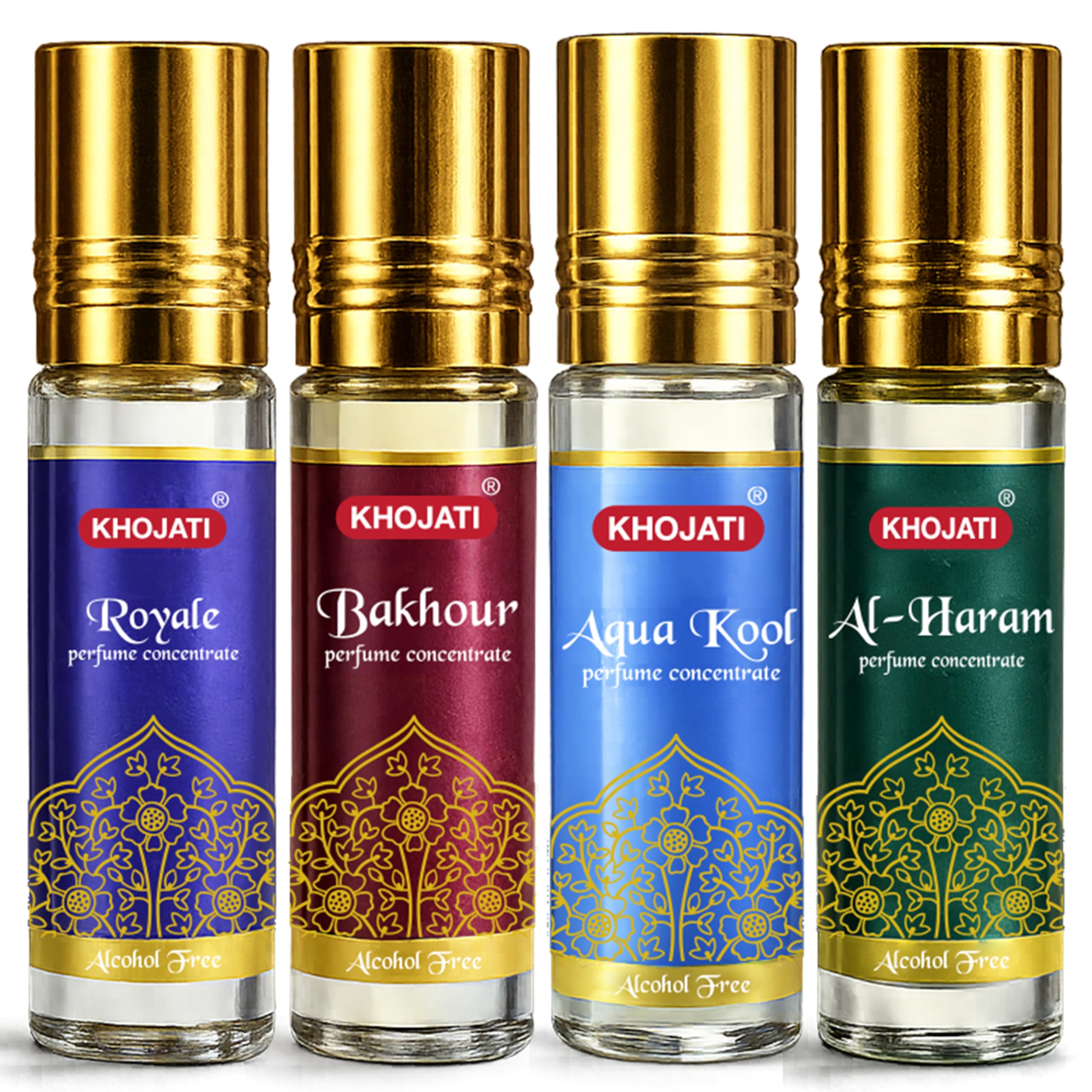 Khojati Attar Perfume Set for Men & Women (Al Haram, Aqua Kool, Bakhour, Royale) | Long Lasting Fragrance Oil | Premium Non-Alcoholic Attar | Roll-On Perfume Gift Pack | Alcohol-Free (Pack of 4)-image-20