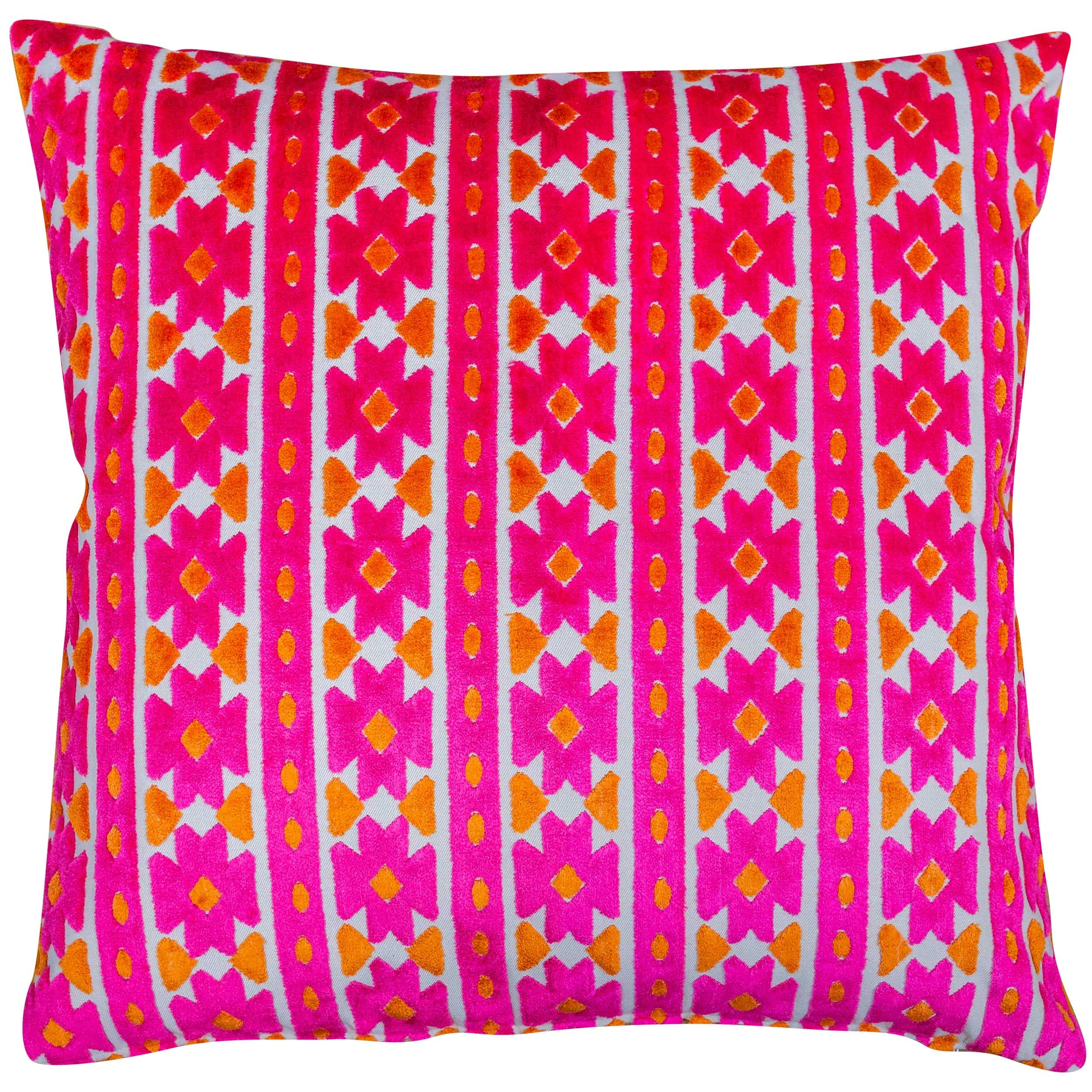 Linen Loft Pink, Orange Kashan Geometric Cut Velvet Extra-Large Cushion Cover. Bright Pink & Burnt Orange Triangular Geometric Pattern. 23X23 Xl Square, Cushion Cover Only