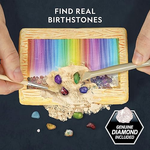 Dig kit showing real gemstones, excavation tools and educational identification guide