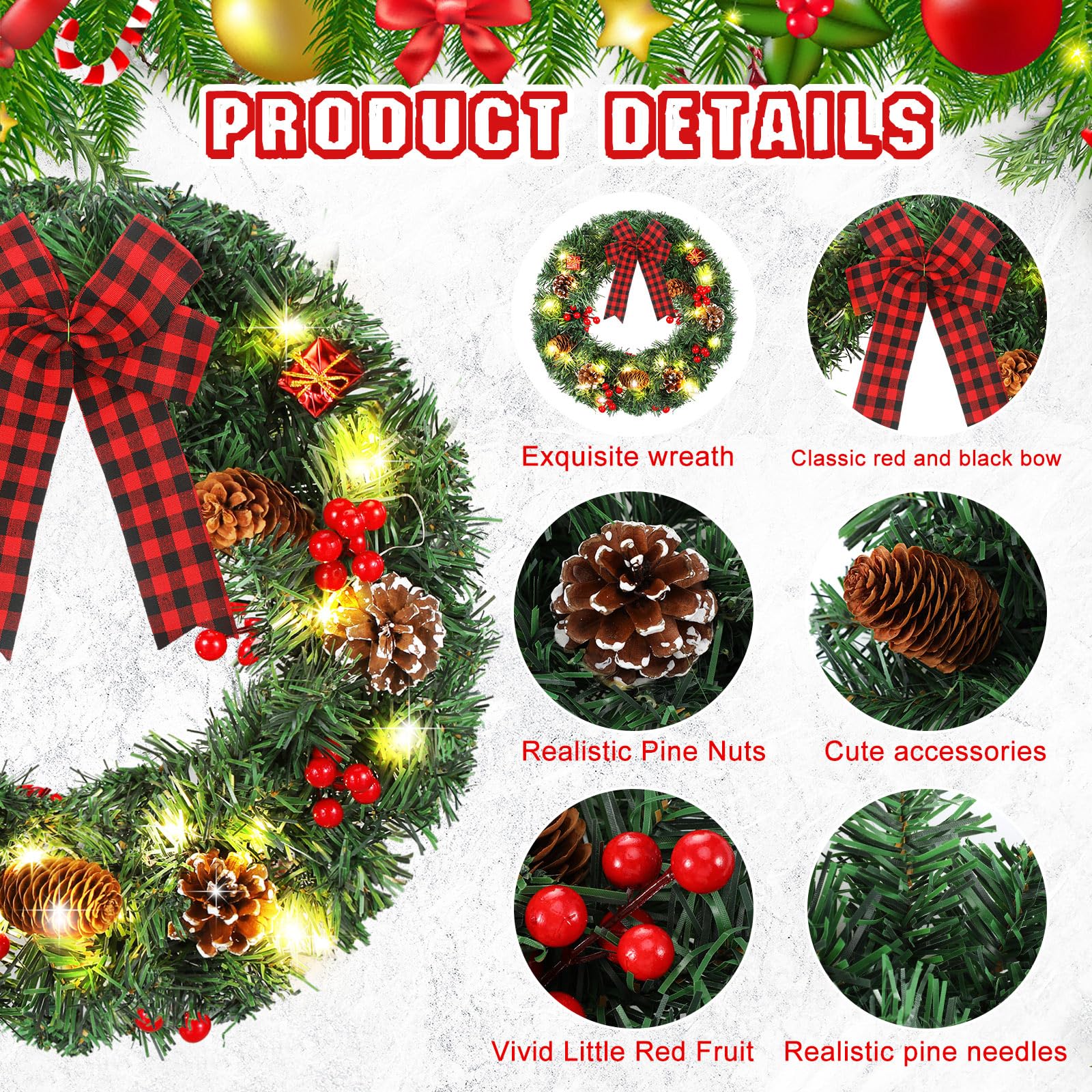 Lyrow 4 Pcs Lighted Christmas Wreath 13.8 Inches Prelit Small Xmas Wreaths with Red and Black Bow LED Lighted Christmas Door Wreath with Pine Cones Red Berries for Door Outdoor Holiday Party