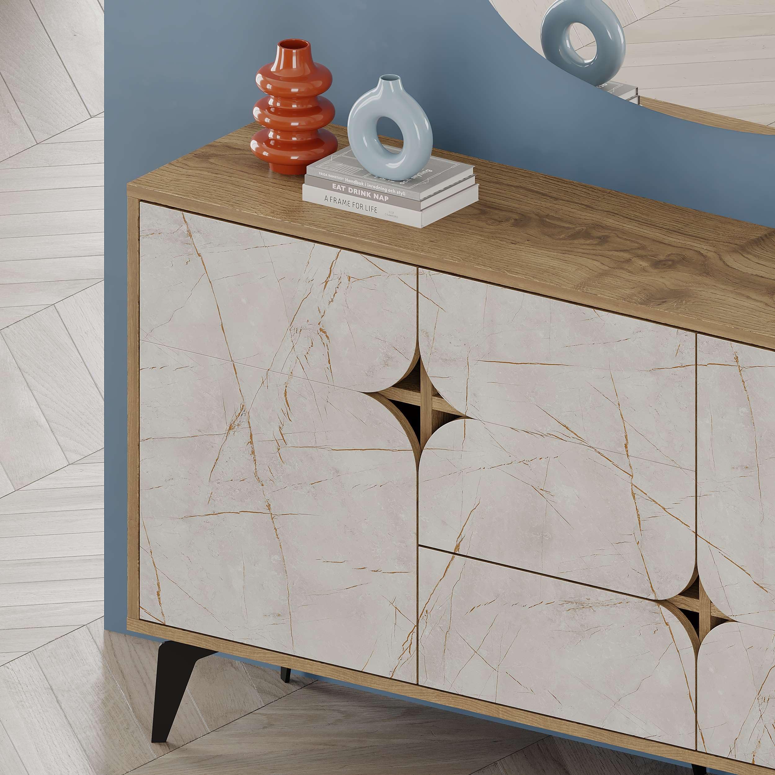 Totò Piccinni Madia Credenza STELLAR in Legno con tre ante e un cassetto (Rovere Antico/Effetto Marmo Bianco)