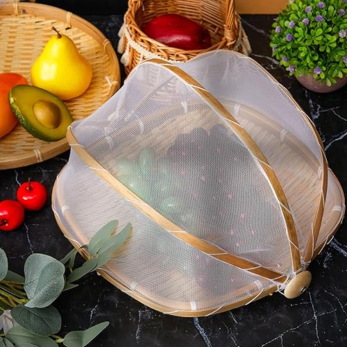 Miniatura 5 de 2 piezas cubiertas de bambú para servir alimentos para tienda de campaña al aire libre con cesta de almacenamiento de pan de gasa, cuenco de frutas