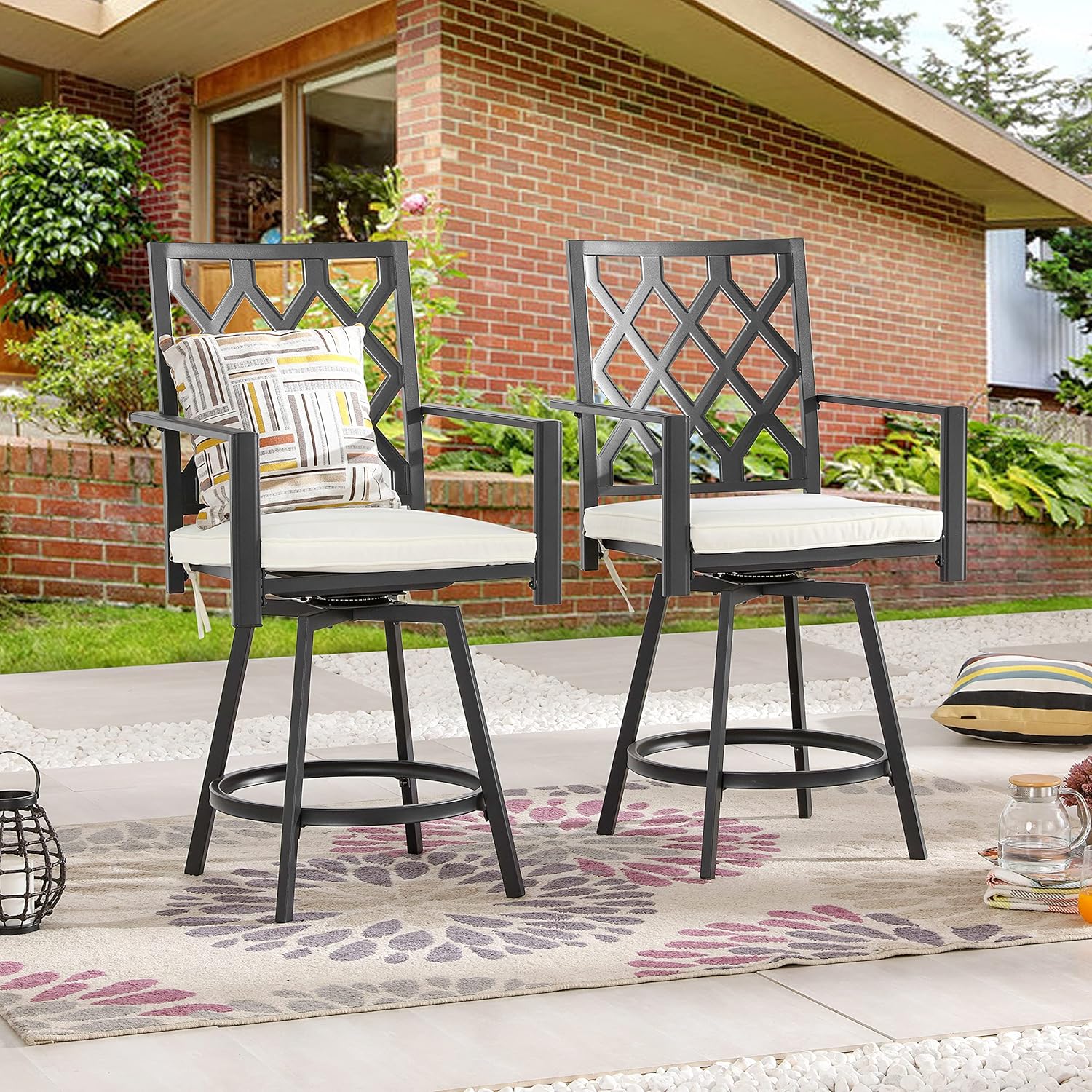 LOKATSE HOME Patio Outdoor Metal Bar Height Swivel Chairs with High Backs and Armrest Set of 2 for Garden Lawn Backyard