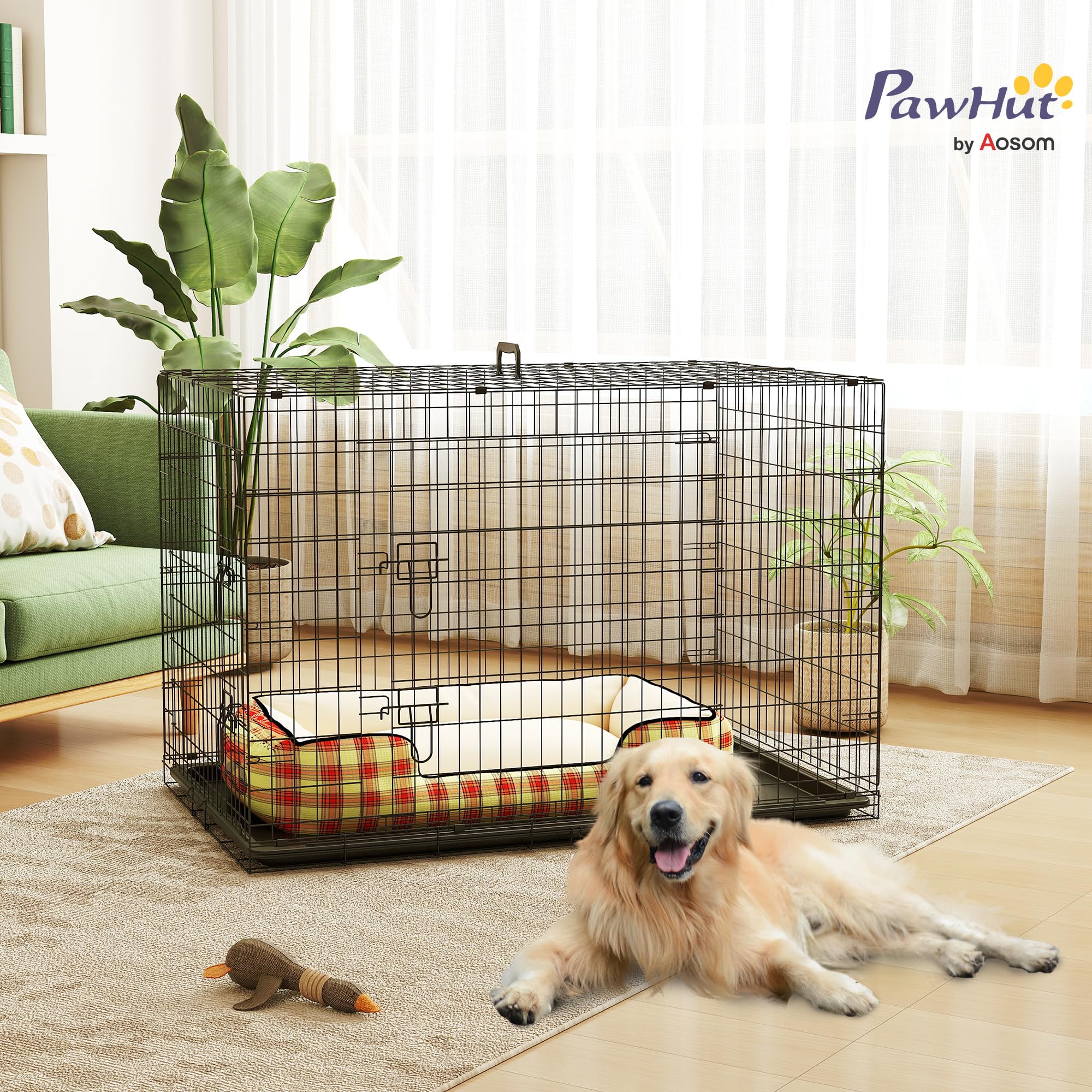 PawHut Gabbia Trasportino per Animali Domestici Pieghevole in Acciaio Doppia Porta 122 × 77 × 82cm Nero | Gabbia per Cani da Interno, Maniglia Superiore, Doppia Apertura