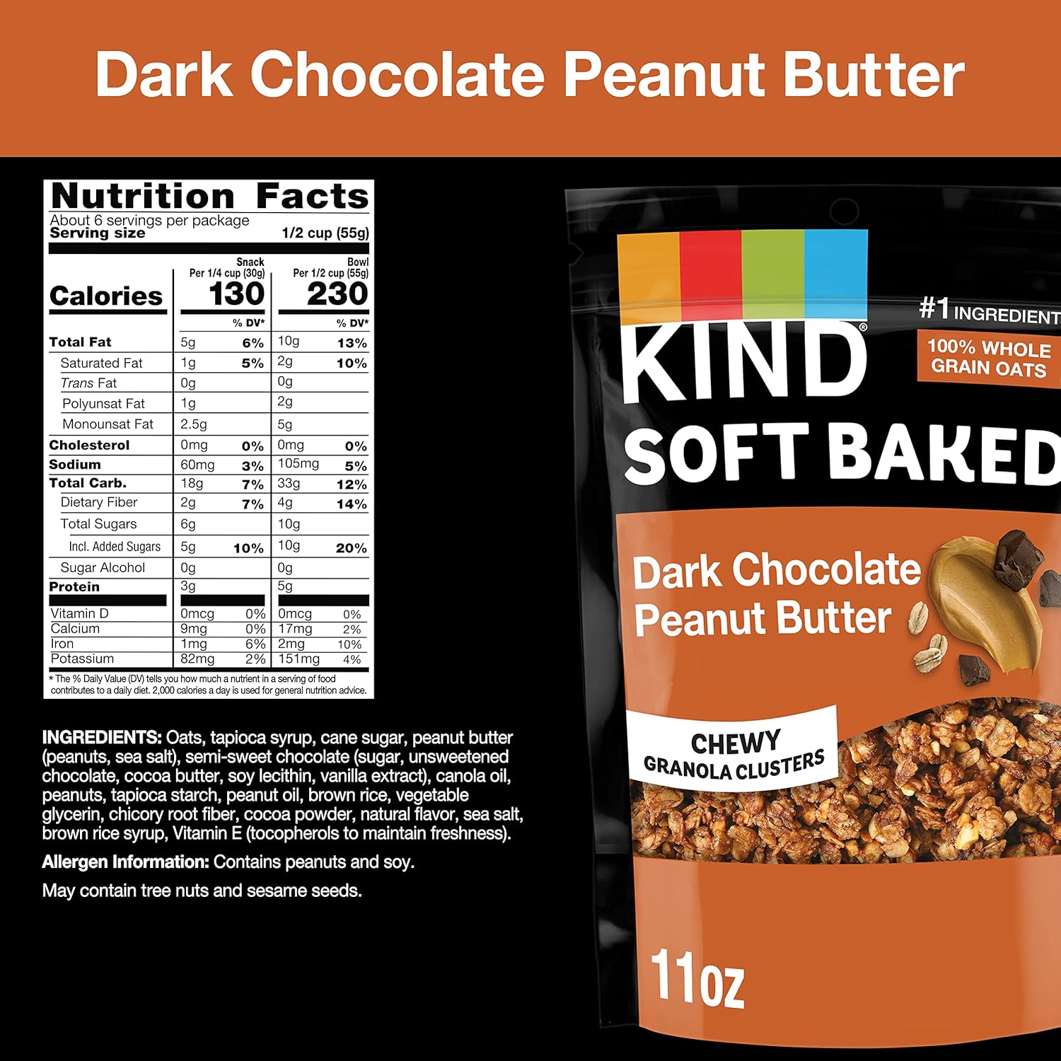 Kind Soft Baked Granola, Dark Chocolate Peanut Butter, Gluten Free, Healthy Snack Mix, 5g Protein, 11oz, 5 Count