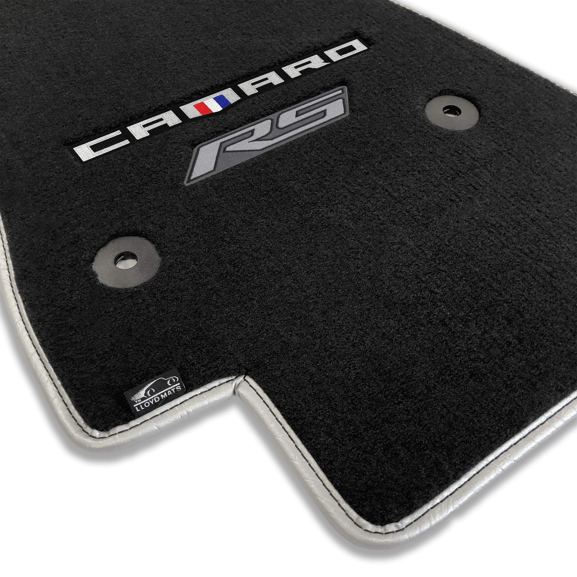 Lloyd Mats Premium Binding Floor Mats for Chevy Camaro LogoMat 2010-2015 (Silver and Black) (Charcoal, 4PC (Double Logo) - Tri Color Camaro RS)