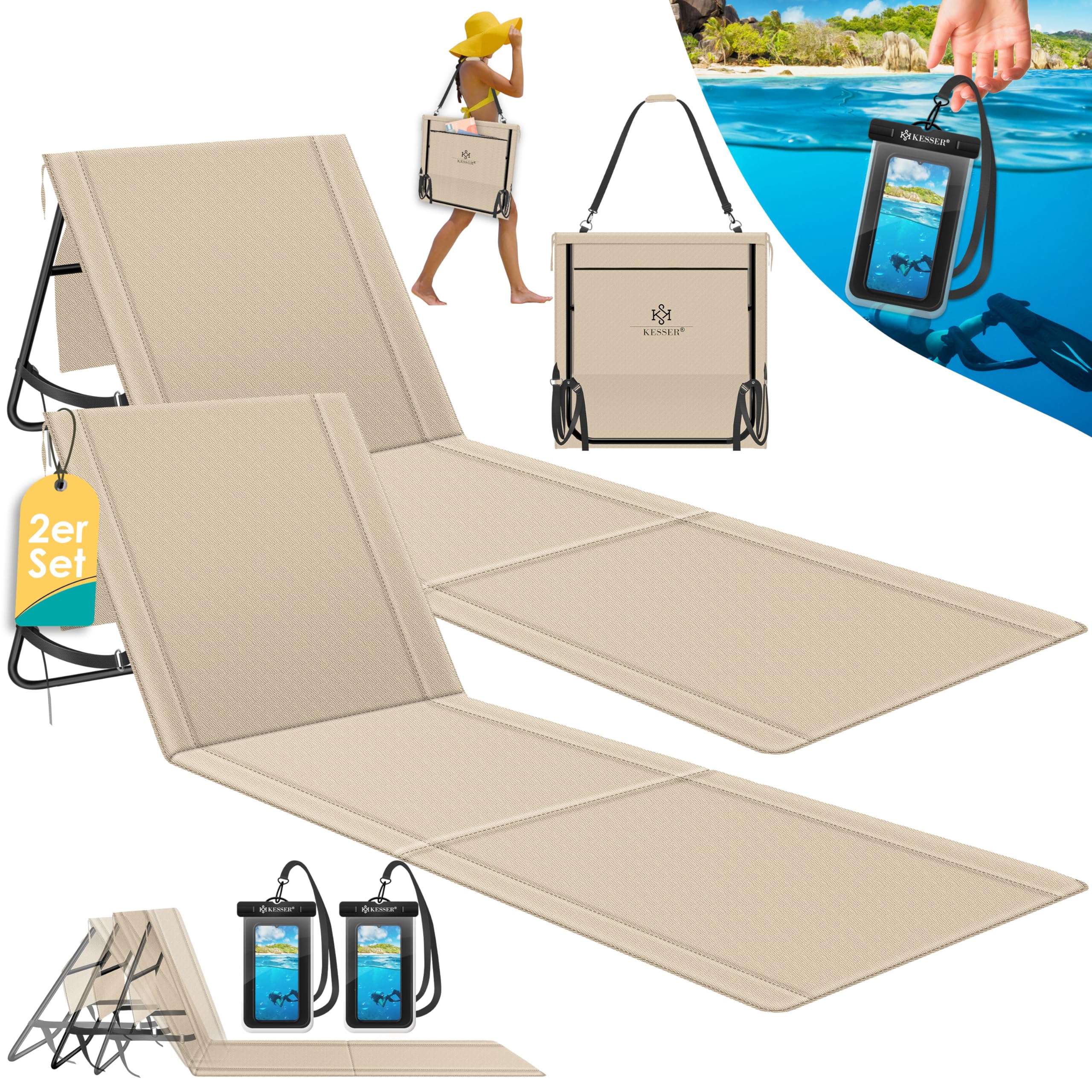 KESSER® 2er Set Strandmatte klappbar mit Verstellbarer Rückenlehne, Tragegurt, wasserdichter Tasche & Aufbewahrung – Faltbare Sonnenliege für Strand, Garten & Terrasse je 130 kg belastbar