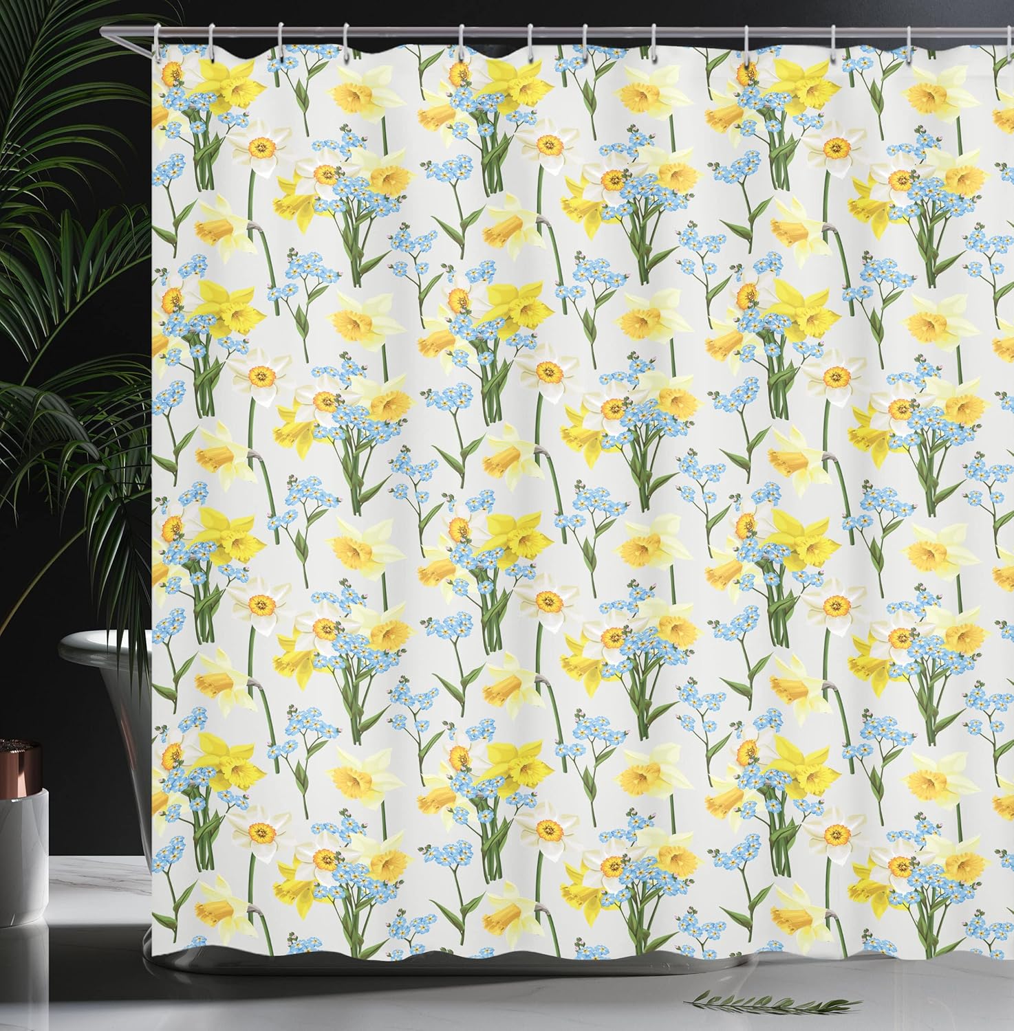 Ambesonne Daffodils Shower Curtain, Forget Me Not Flowers and Daffodil Blossom Leaf Bouquet Spring Garden, Cloth Fabric Bathroom Decor Set with Hooks, 69" W x 75" L, Yellow Blue
