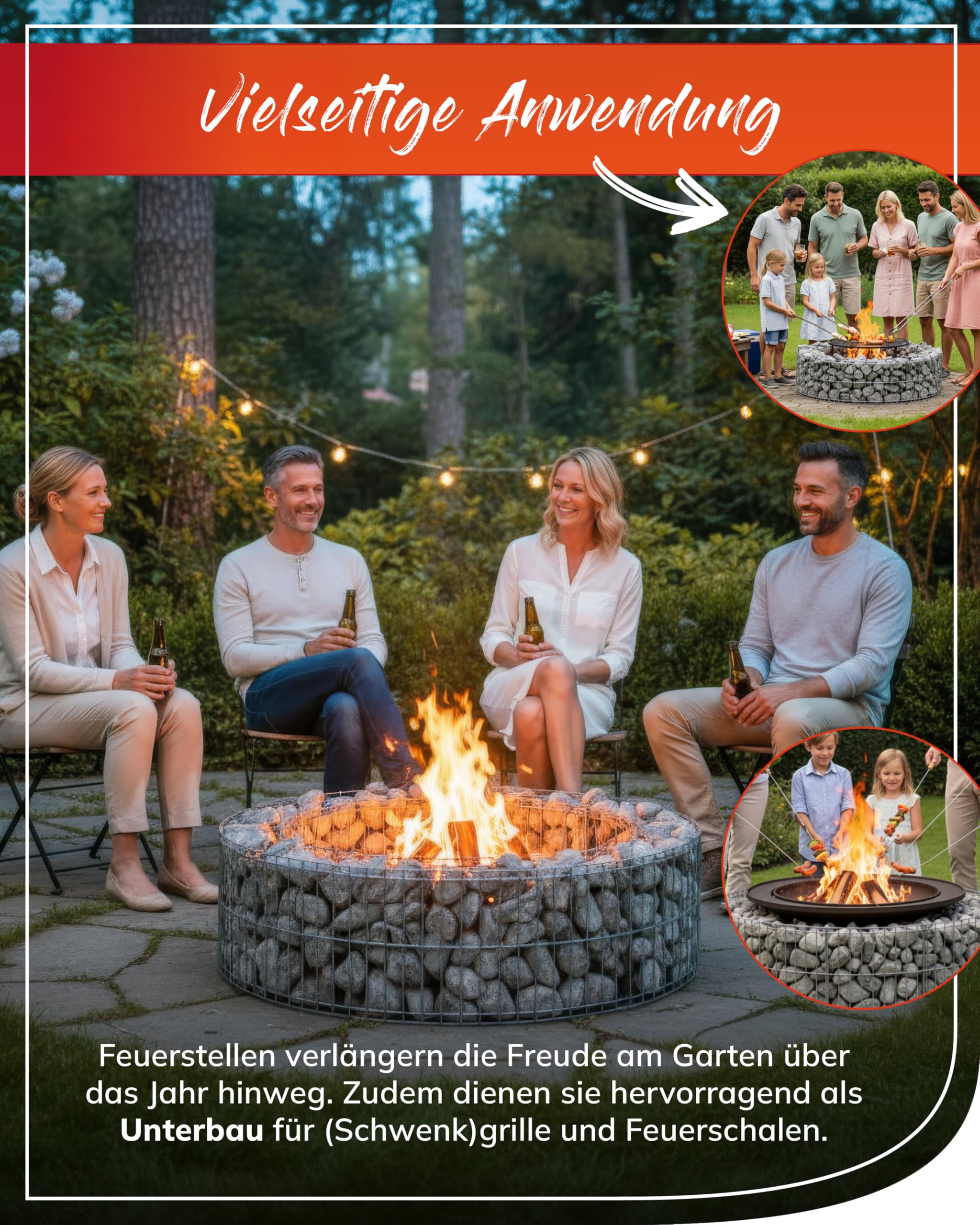 bellissa - Gabione-Feuerstelle (Ø 73 cm, H 21 cm) für Garten & Terrasse – Feuerstelle Outdoor aus Gabionengitter – geeignet für Feuerschale, Feuertonne oder Feuerkorb