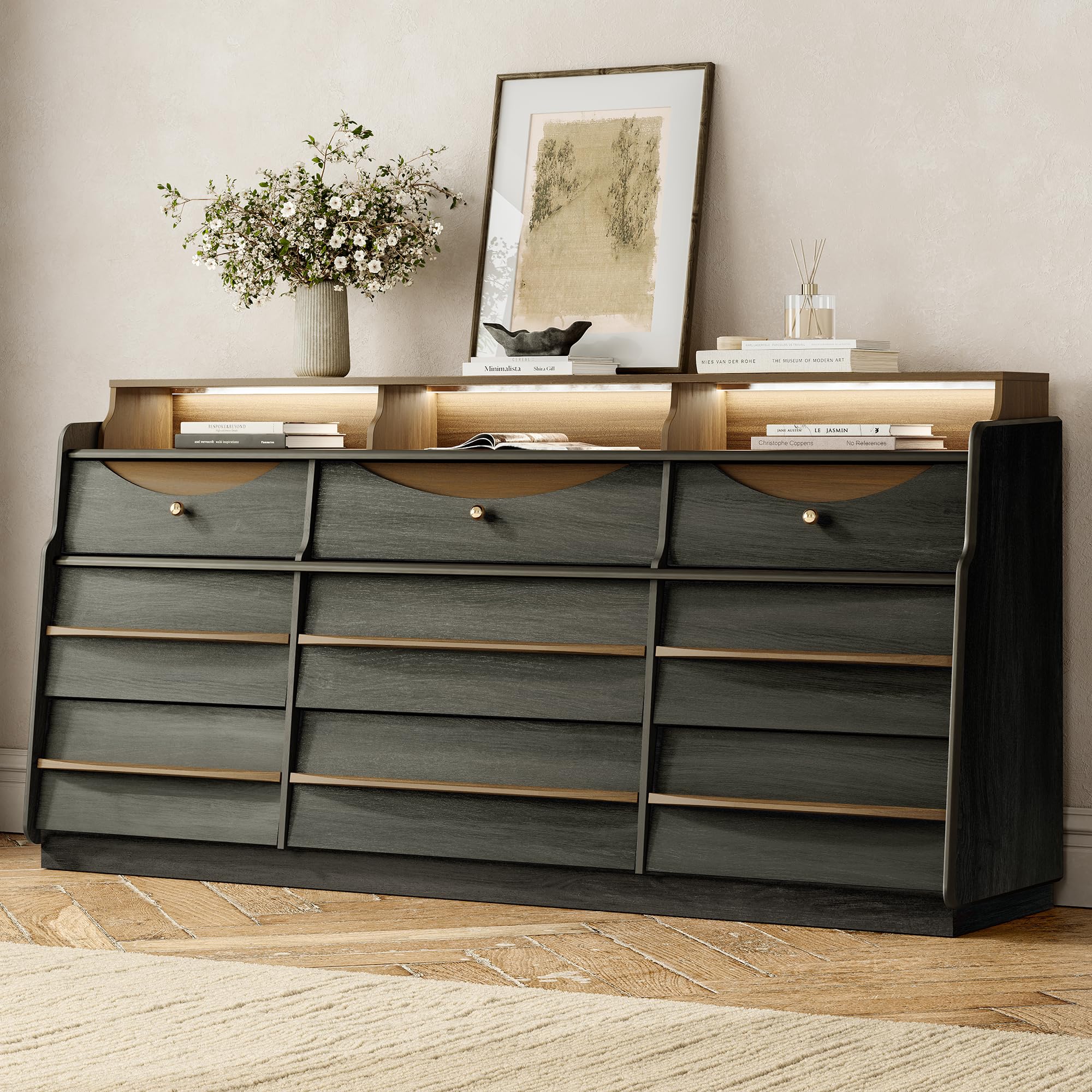 Amazon.com: 63" W 9-Drawer Black Dresser for Bedroom, Modern Wood Chest of Drawers w/LED Light, Round Knobs & Solid Wood Handles, Long Wooden Dresser TV Stand w/Shelf for TVs up to 75", Amazon.com: 63" W 9-Drawer Black Dresser for Bedroom, Modern Wood Chest of Drawers w/LED Light, Round Knobs & Solid Wood Handles, Long Wooden Dresser TV Stand w/Shelf for TVs up to 75",