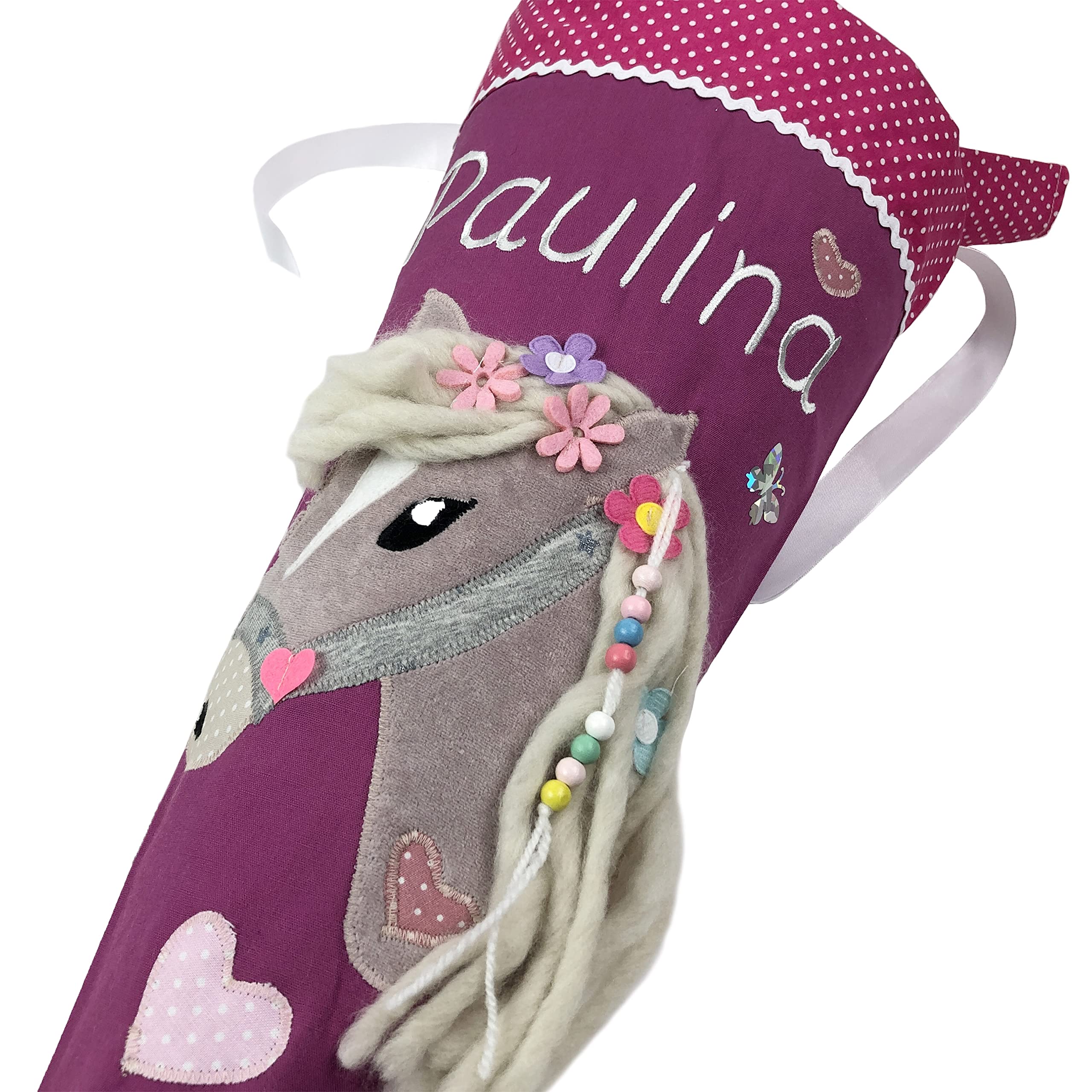 Schultüte/Zuckertüte Pferd mit Namen in bordeaux oder auch anderen Farben möglich, zur Einschulung für Mädchen, aus Stoff, mit Kissen (Schultüte ohne Kissen)