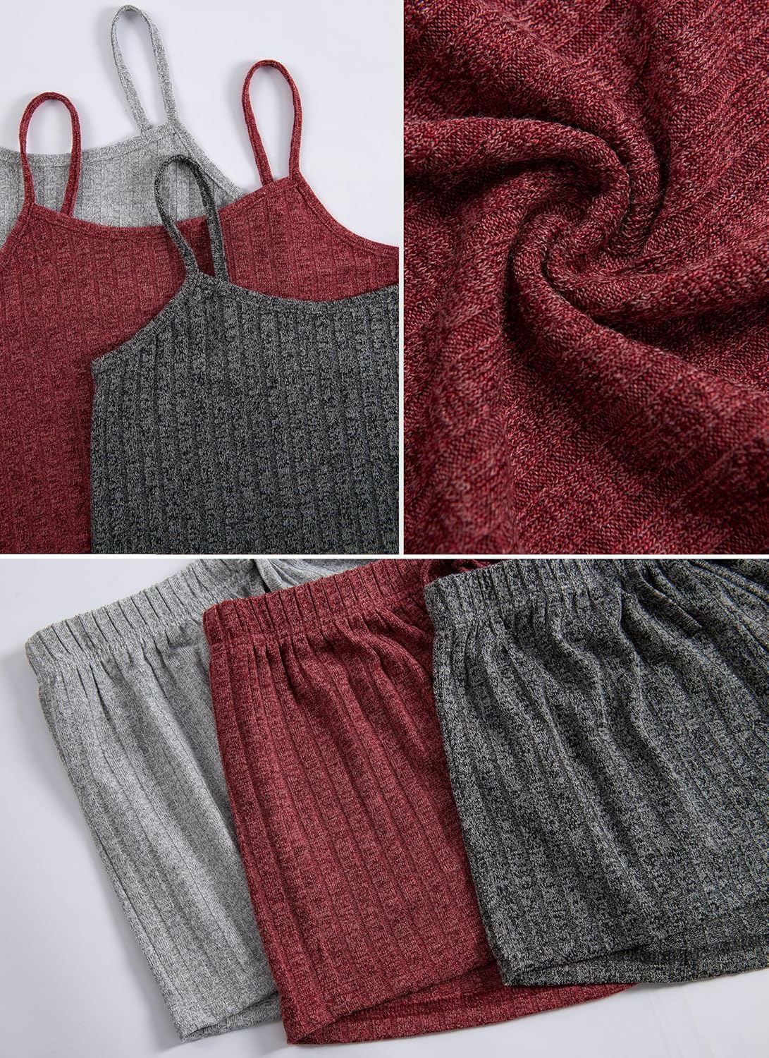 3 Sets for Women Ribbed Pajamas Set Crop Top and Shorts Button Lounge Set Sleeveless Pjs Sleepwear - Image 4