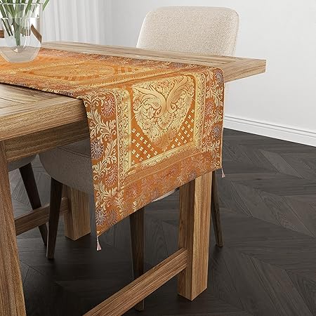E - Ezra Banarasi Brocade Silk Dining Table Runner with Ends Tassels Dinning Table Long Size Runner Peacock (Mustard Yellow)