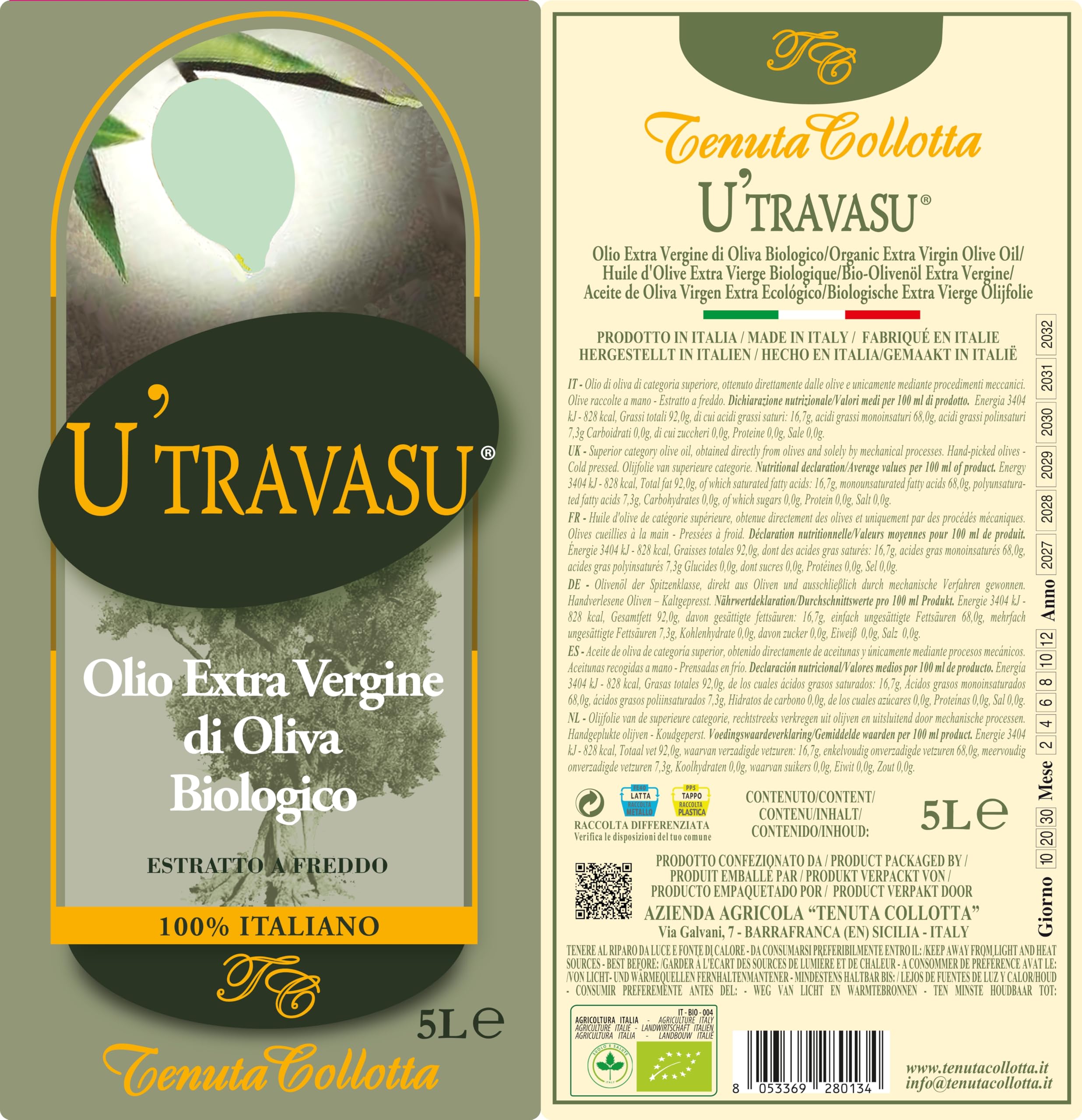 U'Travasu® - Huile d'Olive Extra Vierge Biologique bidon 5l - 100% Italienne - Produit en Sicile - Extraction à Froid