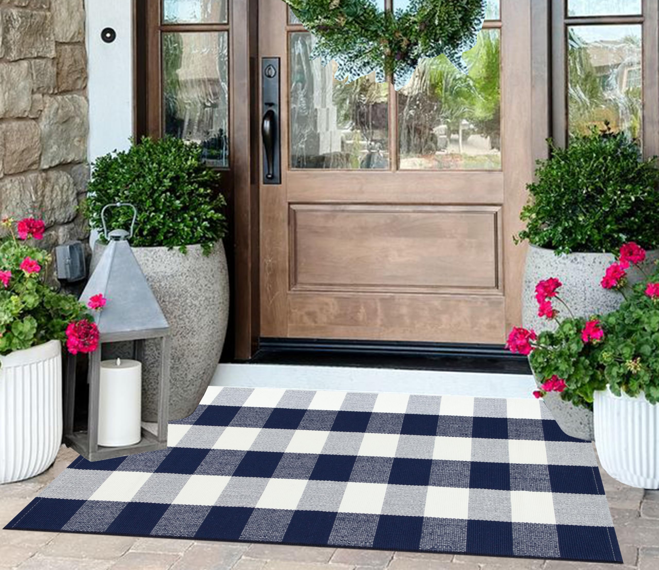 Front Porch Rug 2'X4.3' Blue and White Checkered Outdoor Rug Cotton Woven Washable Halloween Layering Door Mat for Welcome Mat Entryway Bedroom Living