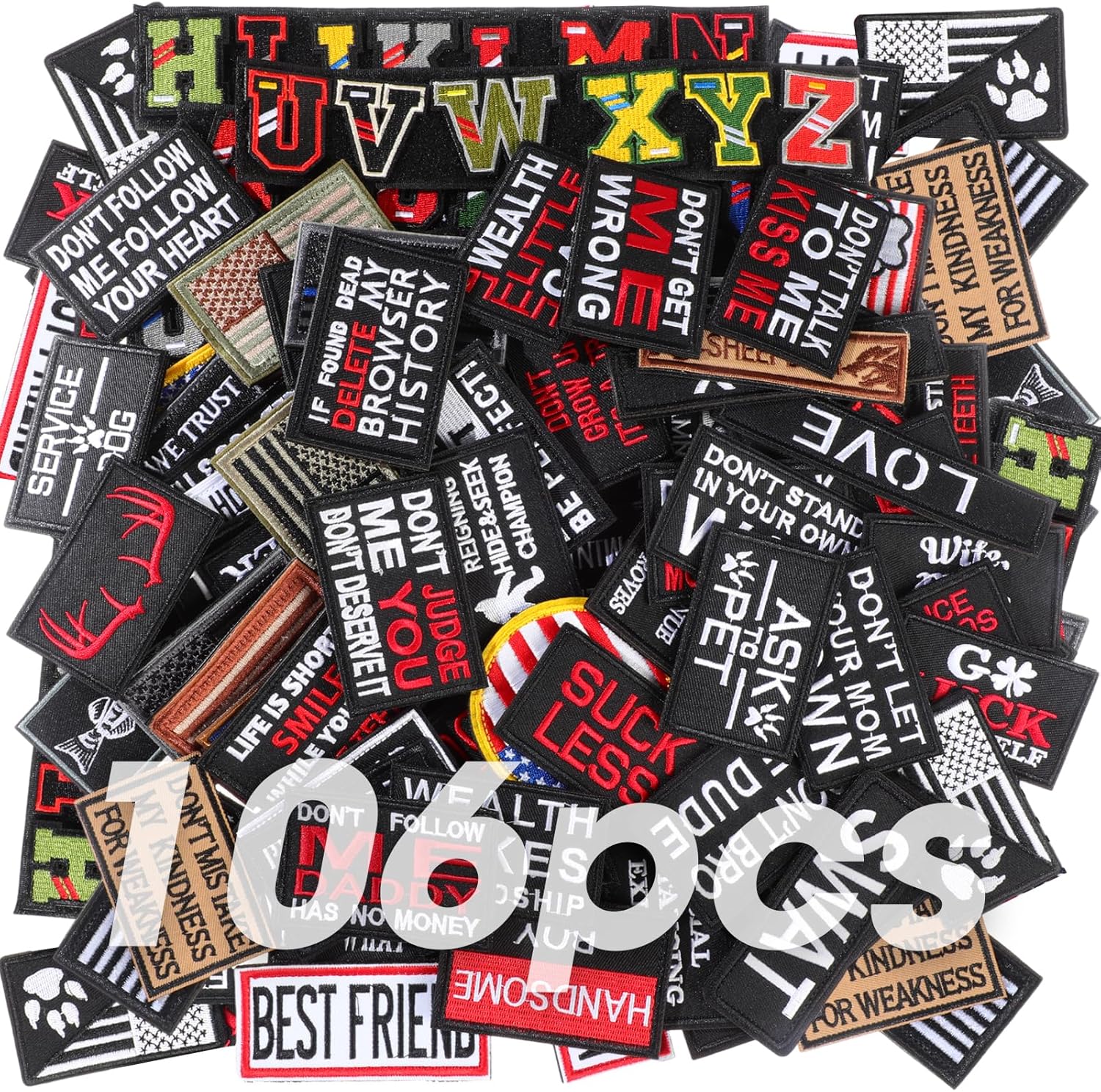Tigeen 106 Pcs Random Funny Tactical Military Patches Set Tactical Patch Bundle Army Patch Full Embroidery Loop and Hook Set Military Patches for Caps Bags Backpacks Harness Vest