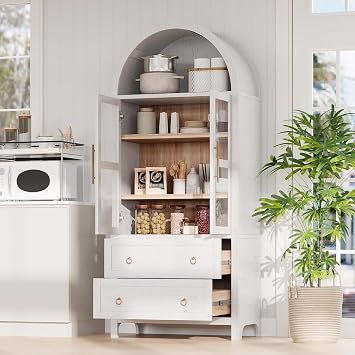 Curved Bookshelf with Cabinet, Tall Arch Bookcase with Drawers, White Book Shelf with Glass Doors, Wood Arched Bookshelf with Adjustable Shelves for Study Office White