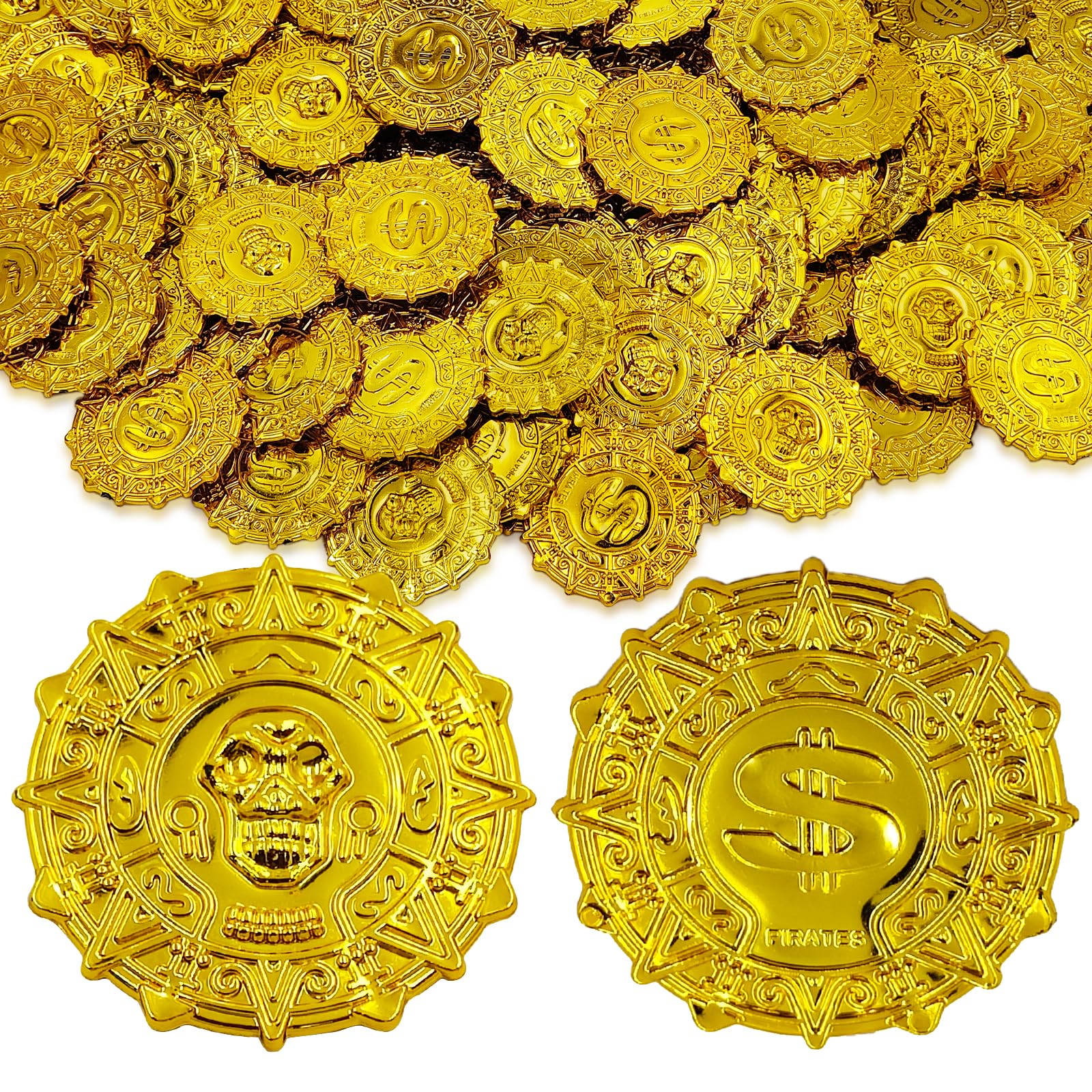 Gold Pirate Coins Set of 100, Plastic Gold Play Treasure Coins Toys for Play Favor Party Supplies, Pirate Party, Treasure Hunt Game and Party Favors