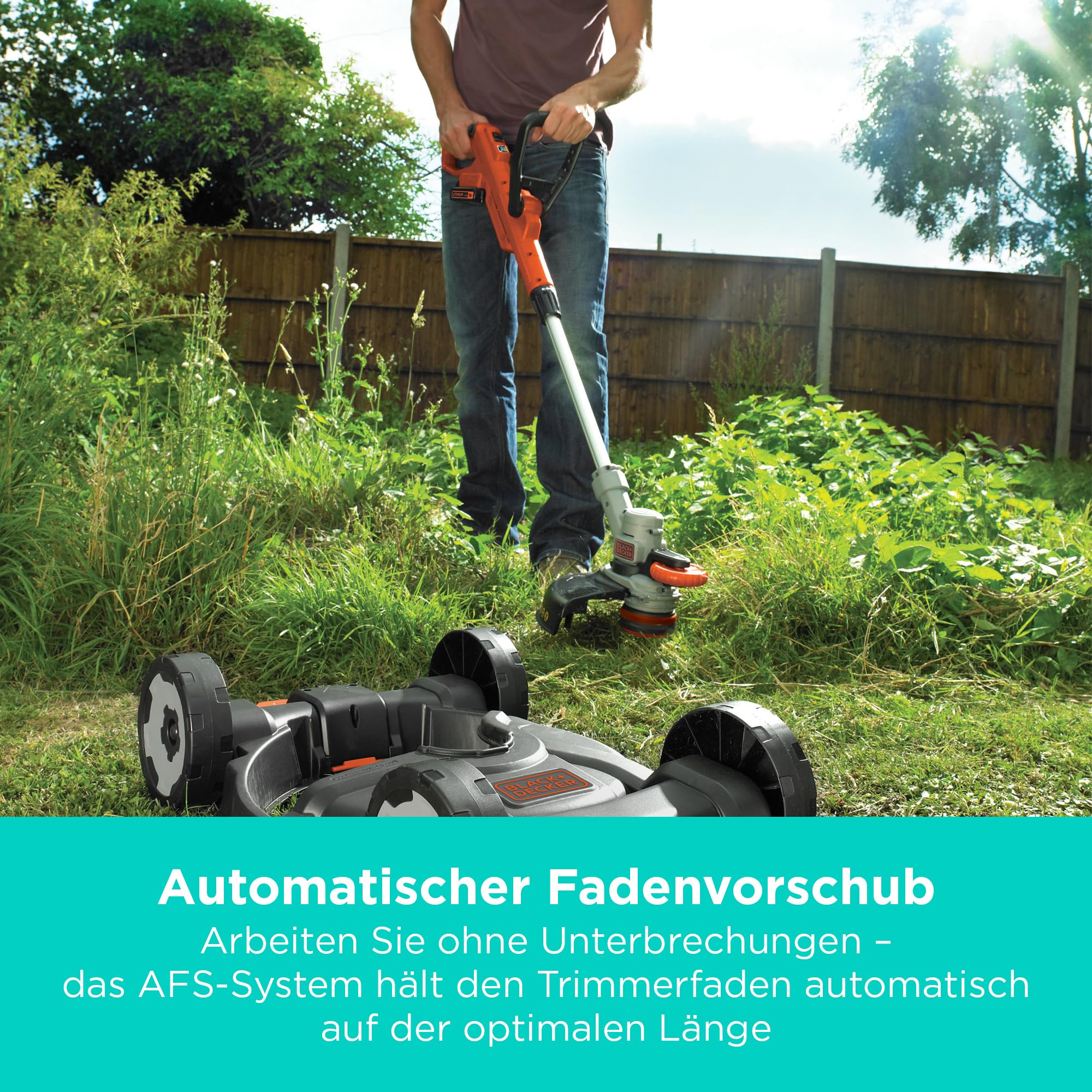 BLACK+DECKER Akku-Rasentrimmer 18V POWERCONNECT 3-in-1, Rasentrimmer, Rasenkantenschneider & Grasschneider, Einfacher Wechsel zum Rasenmäher für Kleine Gärten – STC1820CM-QW