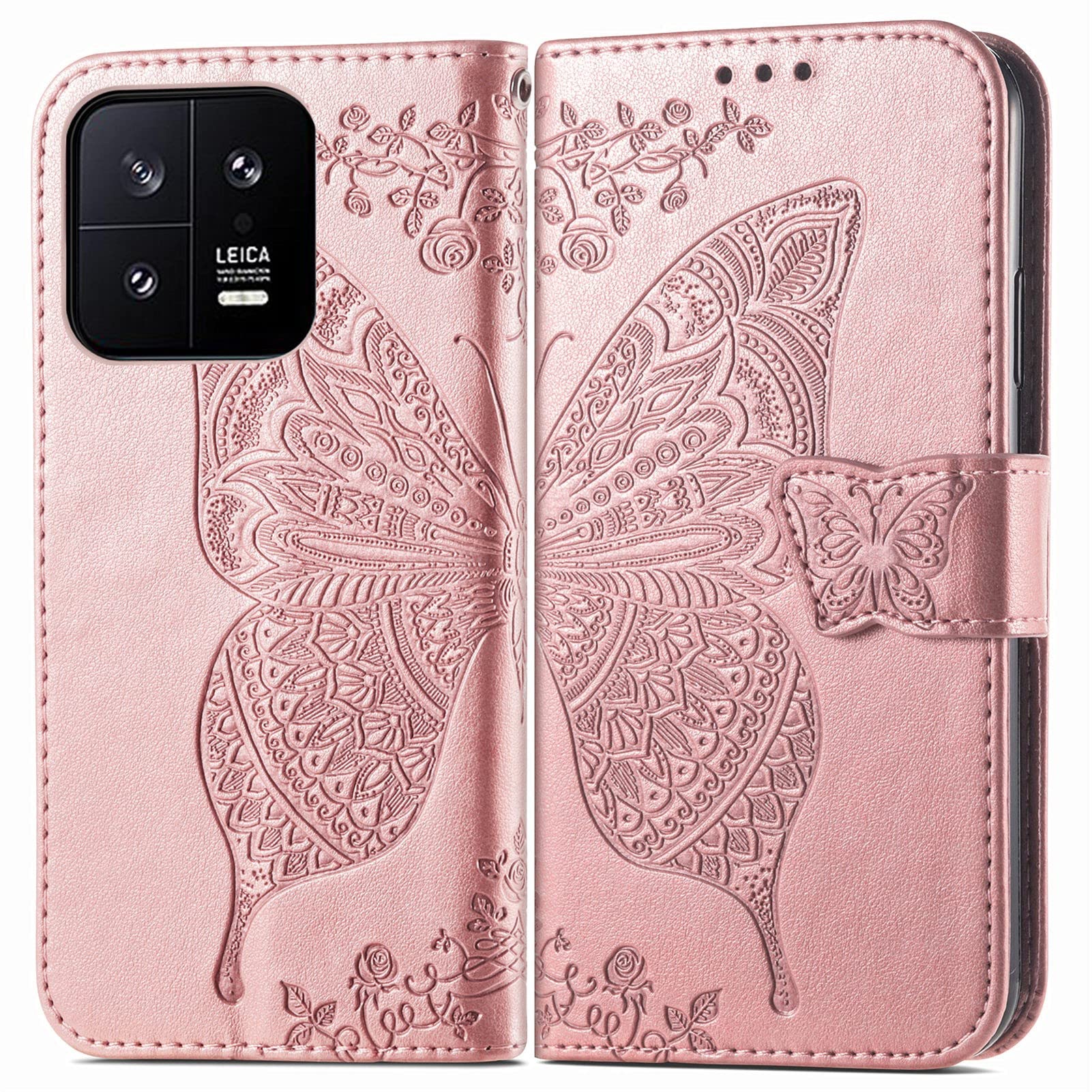 Roar Handyhülle für Xiaomi 13 Hülle Flip Case Roségold | Hochwertige PU Leder Handy Hülle im Schmetterling & Blumen Design: 3 Kartenfächer, Geldfach, Magnetverschluss, Stoßfest
