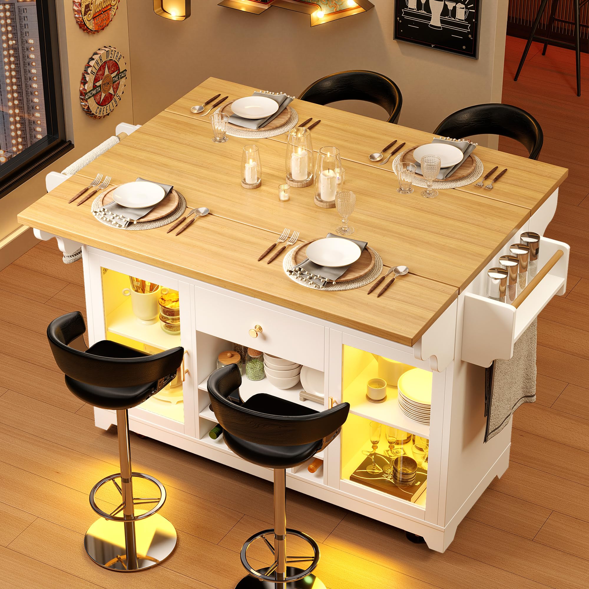 Isola da cucina, carrello da portata con illuminazione LED RGB, piano del tavolo pieghevole su entrambi i lati, carrello da cucina con ripiani regolabili e portabottiglie mobile, per cucina e