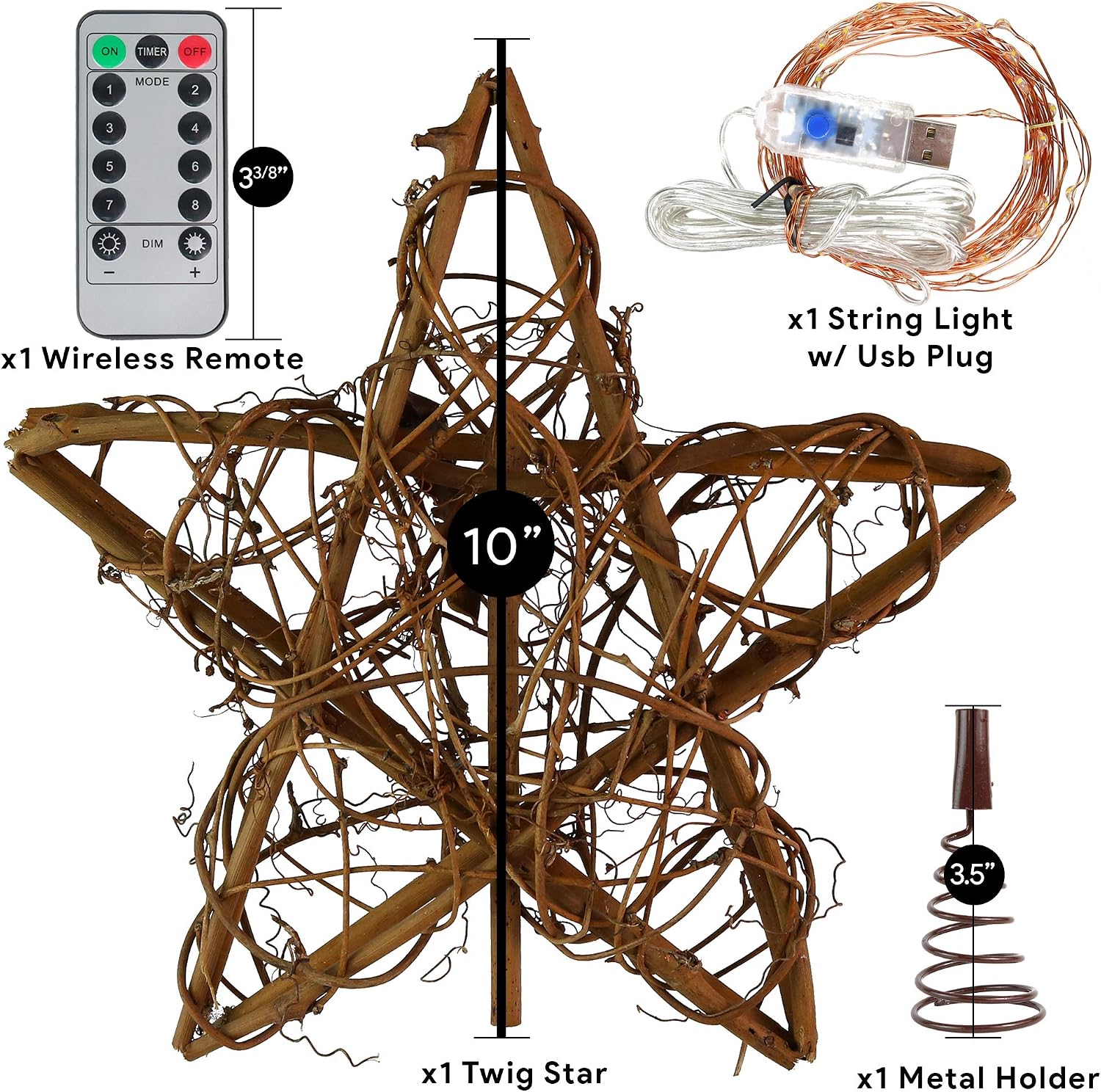 Ornativity Rattan Star Tree Topper - Christmas Rustic LED Light Up Tree Topper Decoration