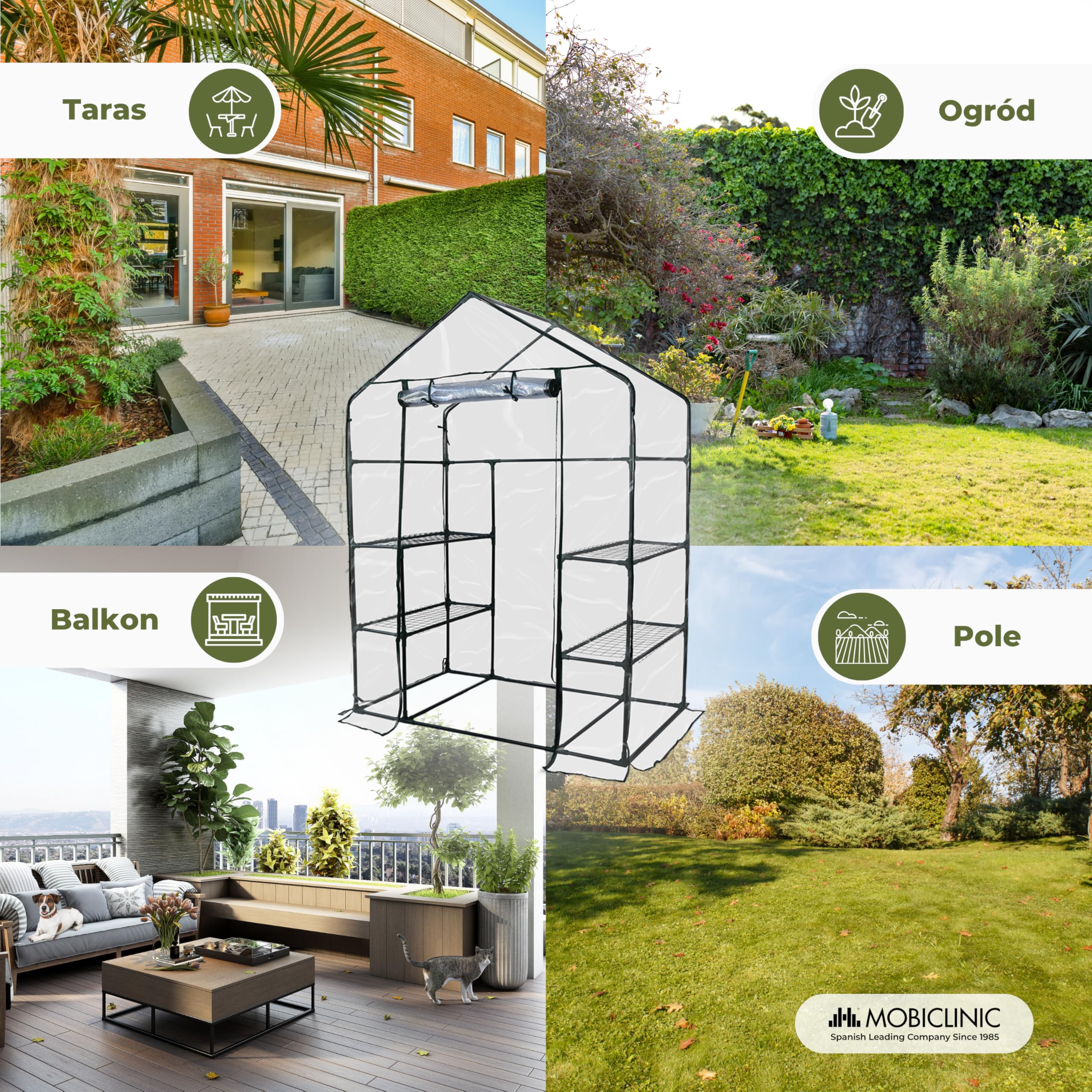 Mobiclinic®, Szklarnia Ogrodowa, 143 x 73 x 195 Cm, Pokrywa z PVC i Zwijane Drzwi, 4 Półki, Wodoodporna, Home Grow, Domowa Szkółka, Bezpiecznie Przymocowana, Idealna do Uprawy, Mrozoodporna