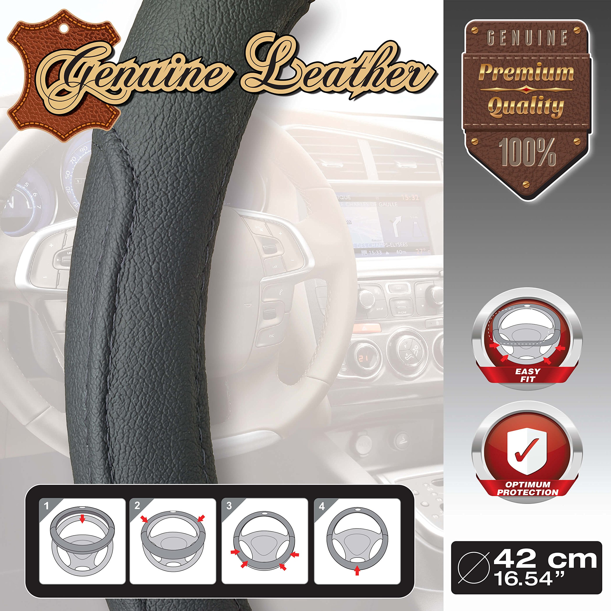 Image secondaire de Couvre Volant en Cuir Noir pour Camionnette - 42 cm