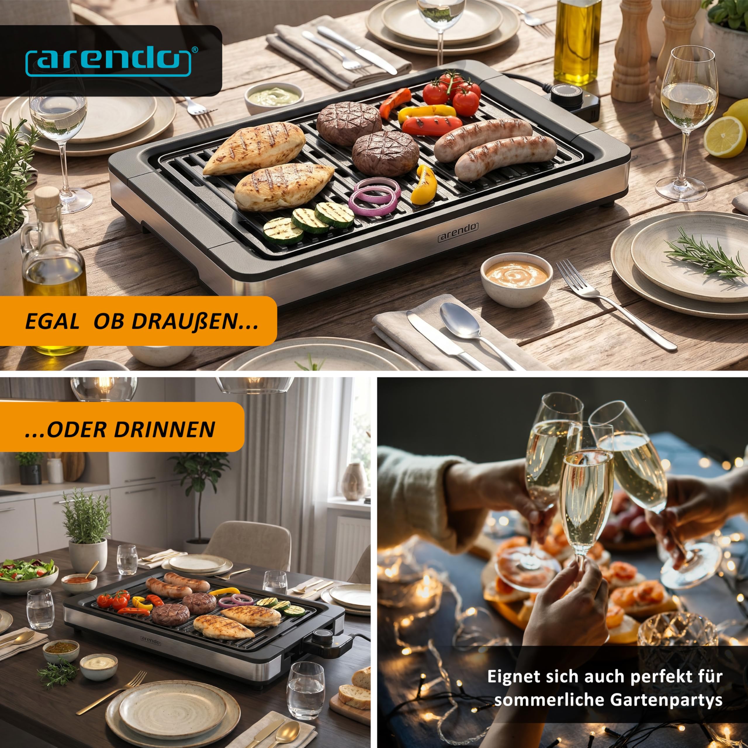 Arendo - Tischgrill Elektrogrill Edelstahl - bis 250 Grad - Steaks, Würstchen, Fisch, Meeresfrüchte, Gemüse, Pilze u.v.m. - für Balkon, Garten, Indoor - starke 1800 Watt - Antihaftbeschichtung
