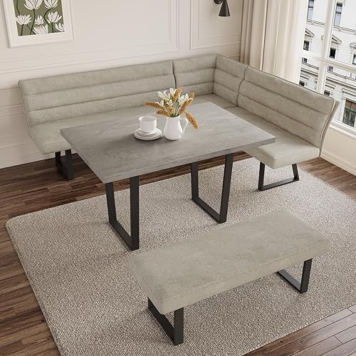 3 Piece Dining Table Set, 46 Inch Modern Kitchen Table with Corner Bench and 45.2 Inch Bench for Family Dining Room