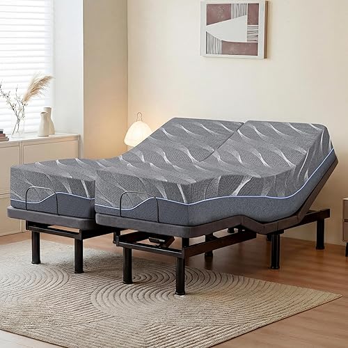 Split King Adjustable Bed Frame with Wireless Remote + 14 Inch Grey Gel Medium Firm Memory Foam Mattress in a Box, Head and Foot Incline,0 Gravity/Anti-Snore,Sturdy Smart Electric Bed Base, 80" × 76"