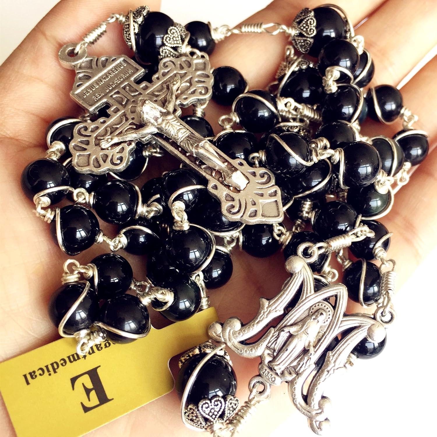 elegantmedical HANDMADE Silver Wire Wrap Black Obsidian BEADS ROSARY CROSS Catholic NECKLACE Box GIFTS