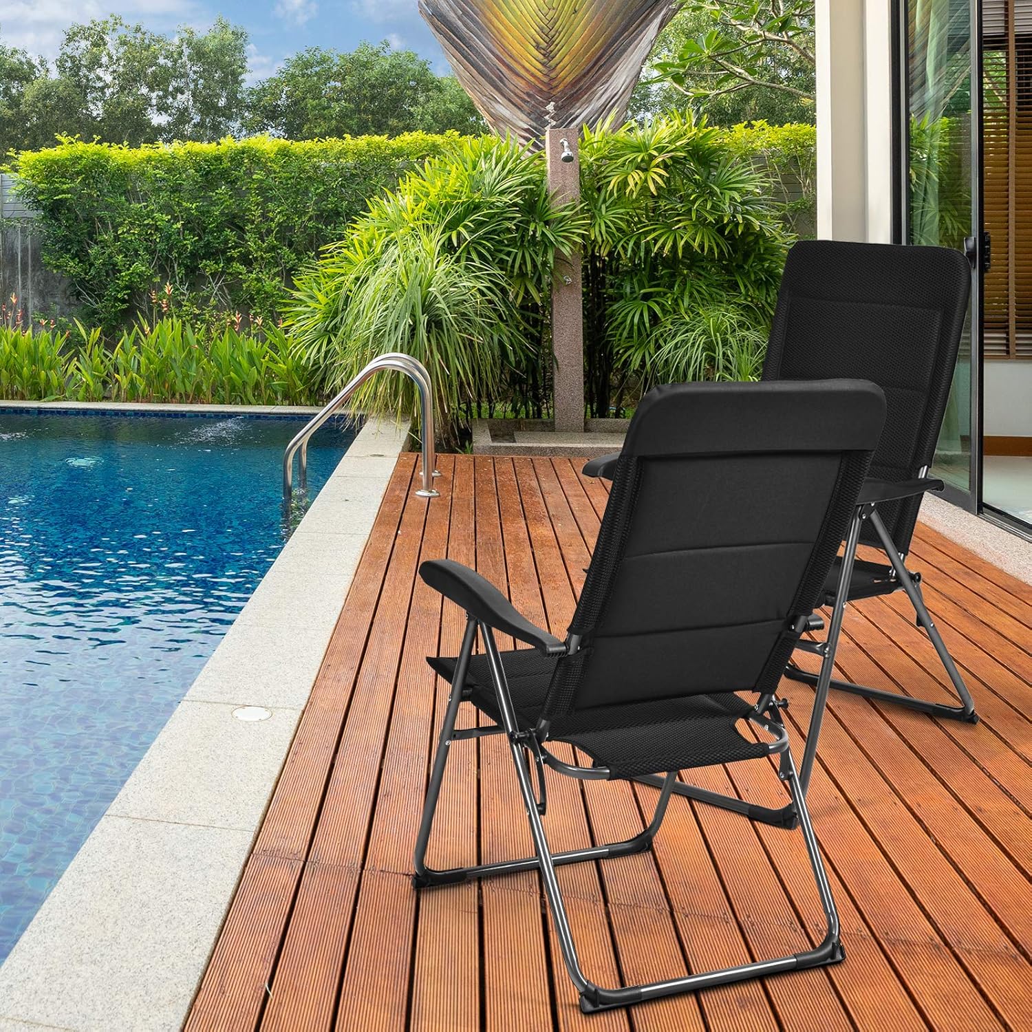 S AFSTAR Patio Folding Chairs, Set of 4 Portable Sling Chairs with Armrests and Adjustable Backrests for Lawn Pool Balcony (4)