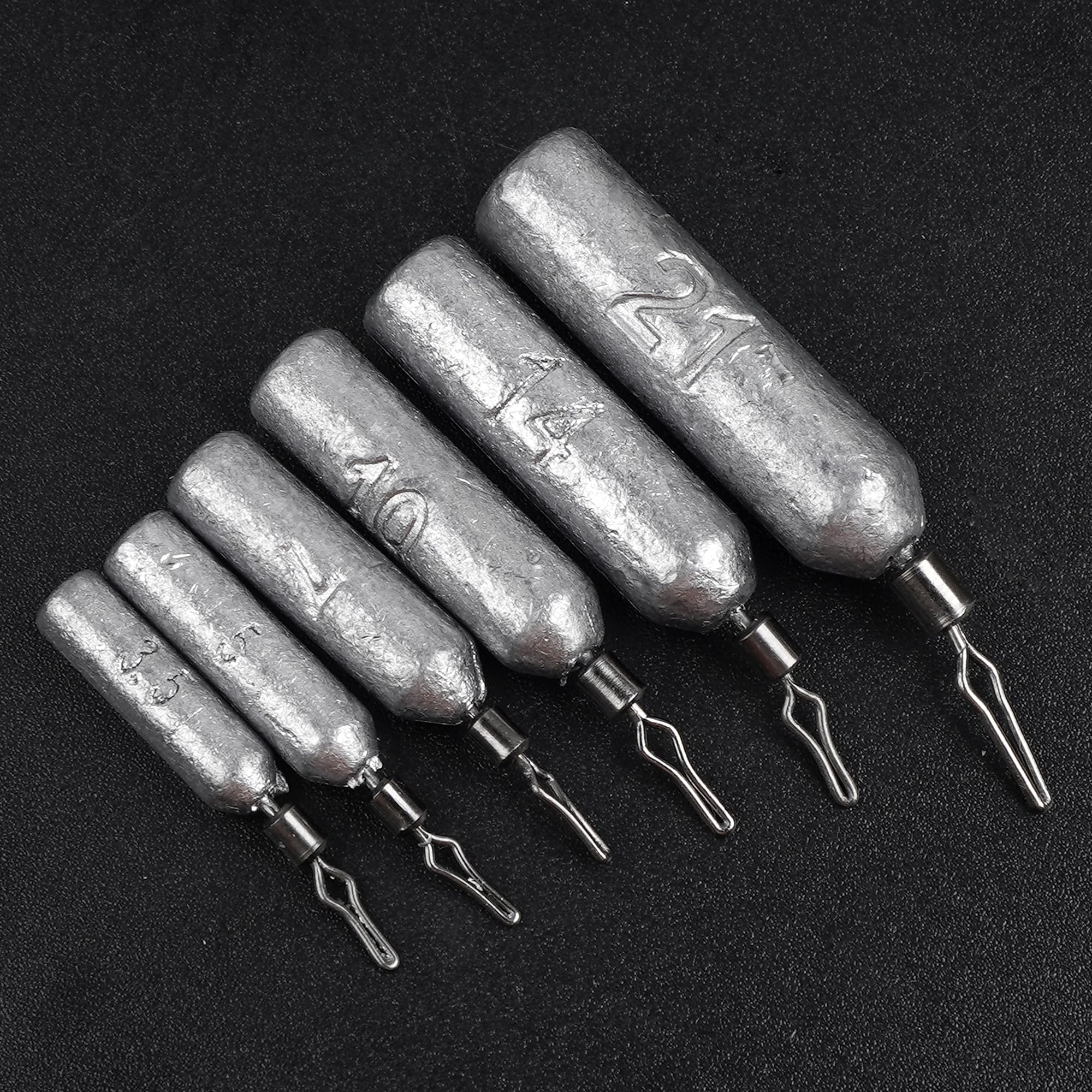 Paquete de 30 plomos de pesca con pivotes rodantes, plomos delgados, con forma de lápiz, peso de deriva, bajo derecho, cilindro extraíble para pesca de gato (20 g, 30 unidades)