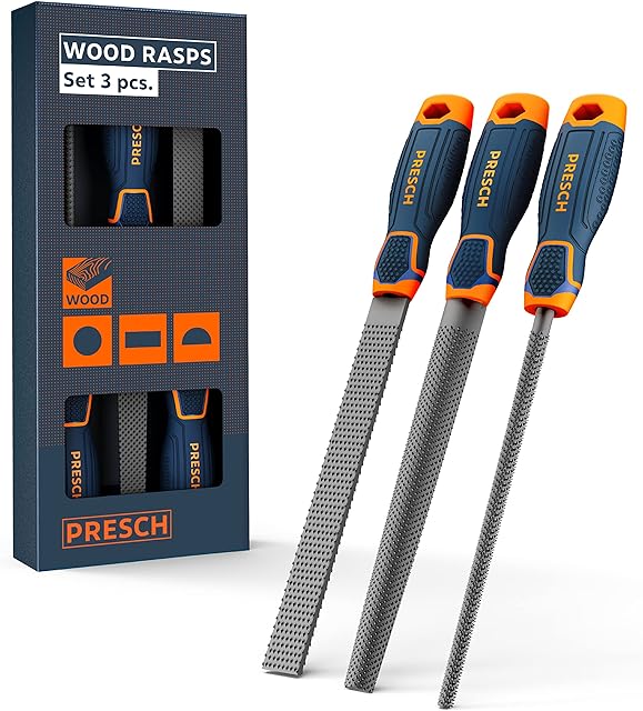 Presch Wood Rasp Set 3pcs. - High Quality Wood rasp Set incl. Flat Butt rasp, Half Round and Round rasp - Professional Cut 2 File Set with 200mm for Wood - Rasp File