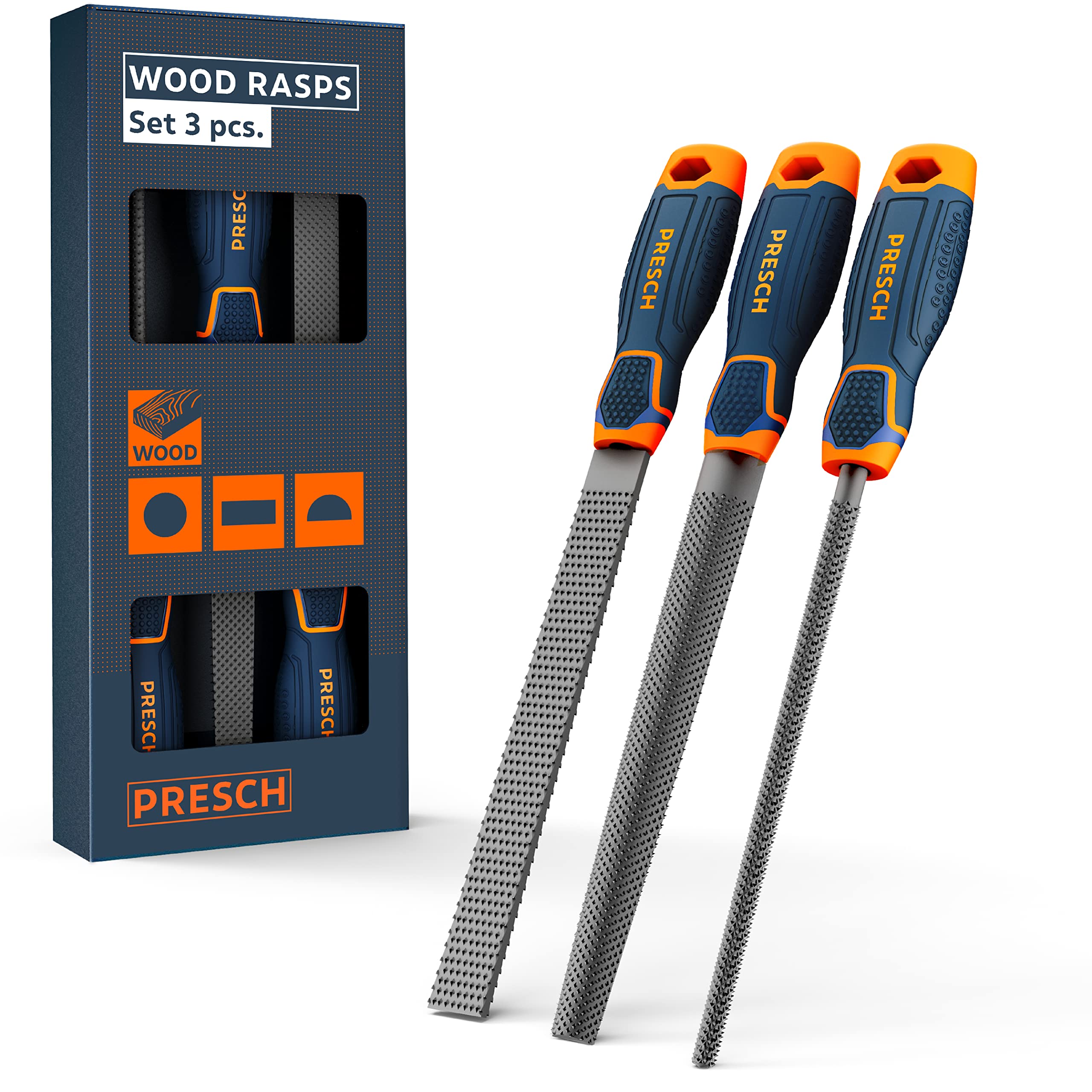 Presch Silver Wood Rasp Set 3Pcs. - Wood Rasp Set Incl. Flat Butt Rasp, Half Round And Round Rasp - Professional Cut 2 File Set With 200Mm For Wood - Rasp File