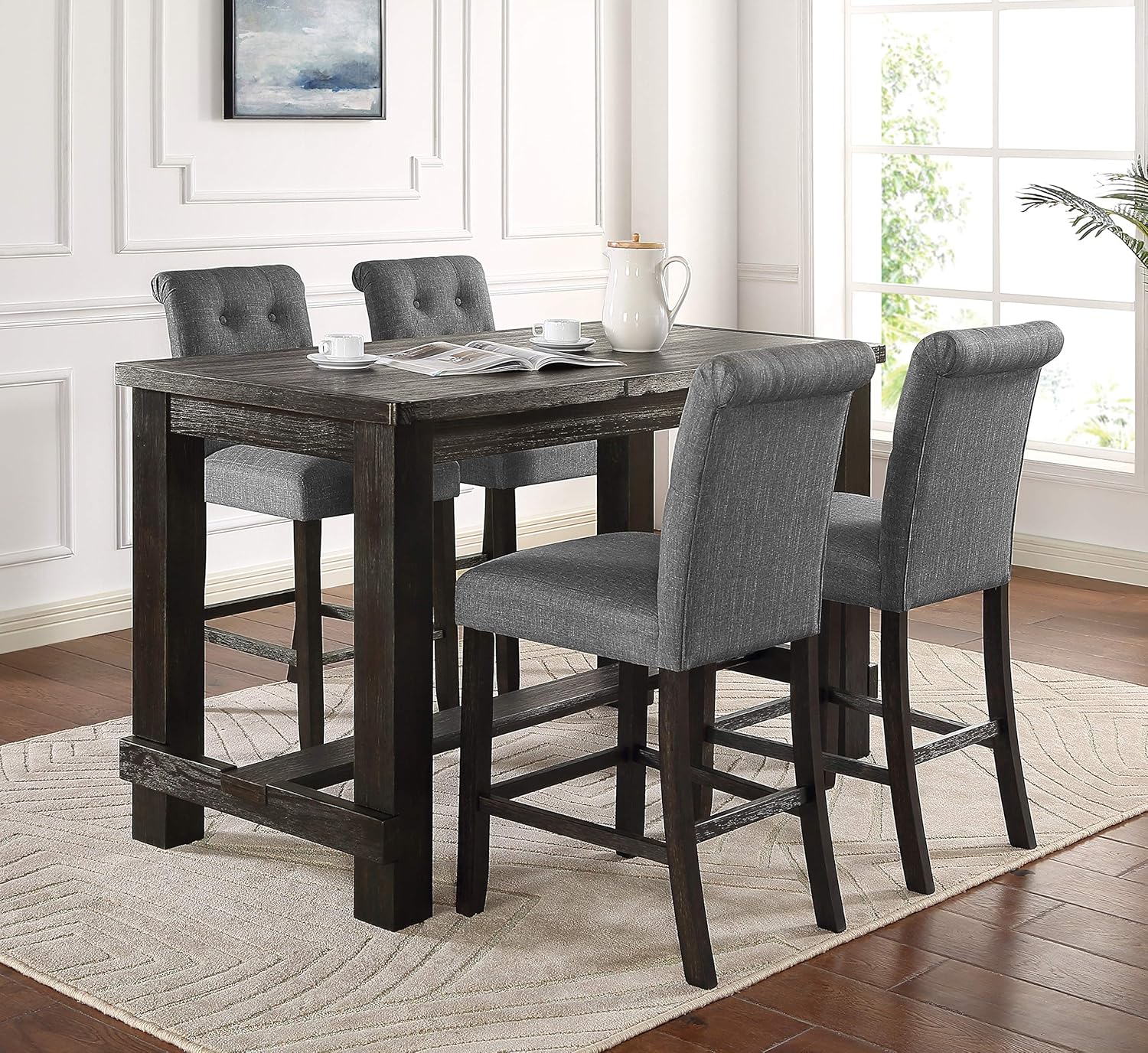 Aneta Antique Black Finished Wood 5-Piece Counter Height Dining Set, Gray