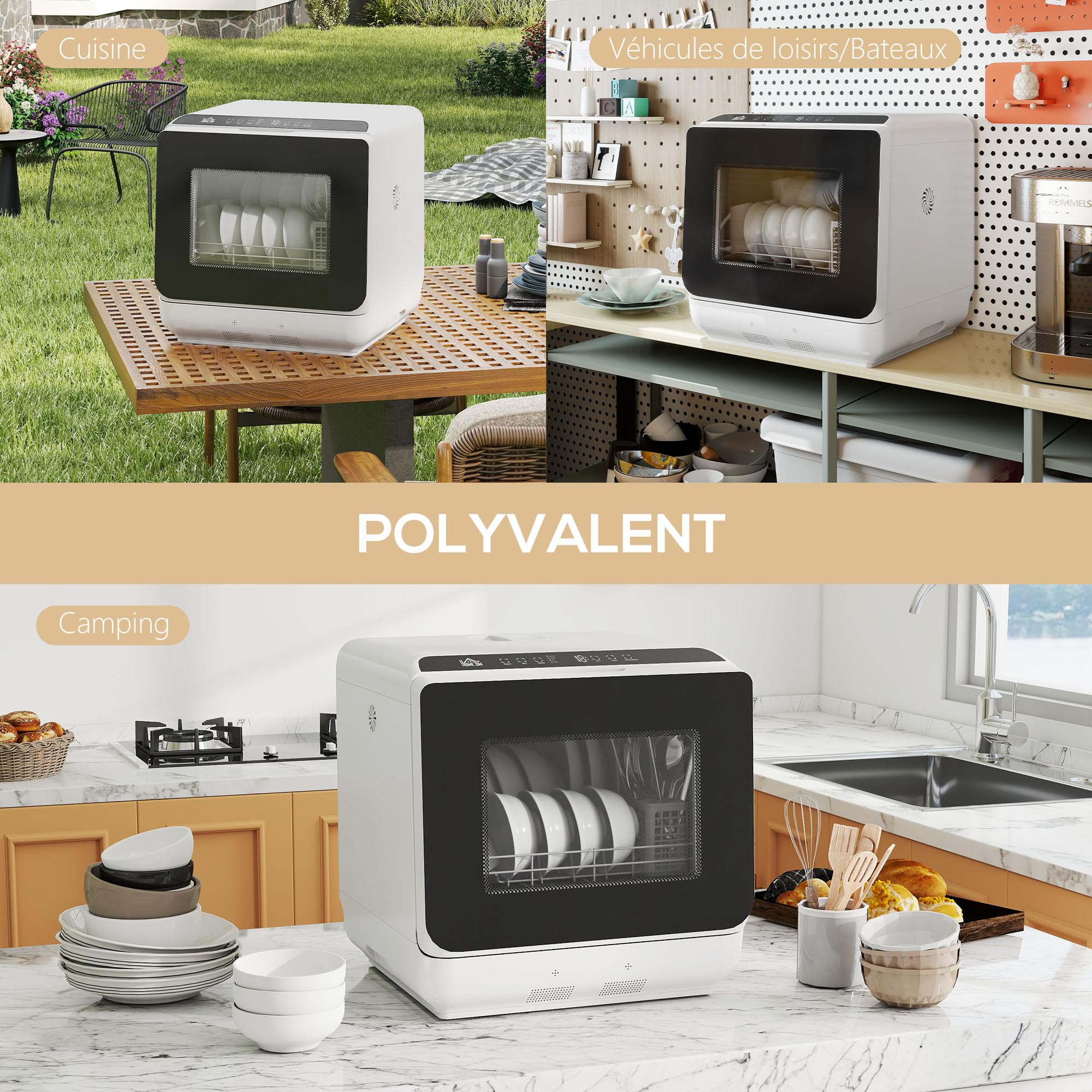 HOMCOM Mini lave-vaisselle compact 4 couverts, lave-vaisselle de table avec 6 programmes, réservoir 6L, écran LED, double alimentation en eau, commande tactile, départ différé et séchage à l'air blanc