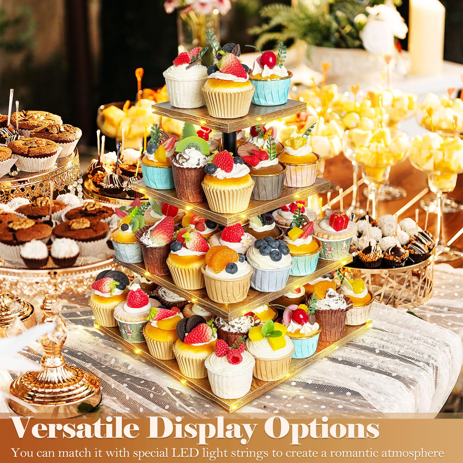 Umgozrz 4 Tier Cupcake Stand, Wooden Cupcake Holder Stand for 50 Cupcakes Rustic Cupcake Display Stand for Wedding, Birthday