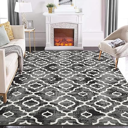 GlowSol Area Rug 8x10 Washable Rug Large Modern Trellis Rug Geometric Neutral Soft Grey Rug for Living Room Bedroom Dining Room Non Slip Stain-Resistant Carpet for Home Office Decor