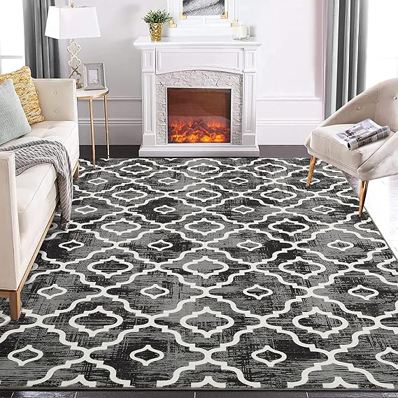 GlowSol Area Rug 8x10 Washable Rug Large Modern Trellis Rug Geometric Neutral Soft Grey Rug for Living Room Bedroom Dining Room Non Slip Stain-Resistant Carpet for Home Office Decor