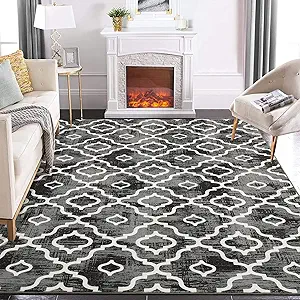 GlowSol Area Rug 8x10 Washable Rug Large Modern Trellis Rug Geometric Neutral Soft Grey Rug for Living Room Bedroom Dining Room Non Slip Stain-Resistant Carpet for Home Office Decor
