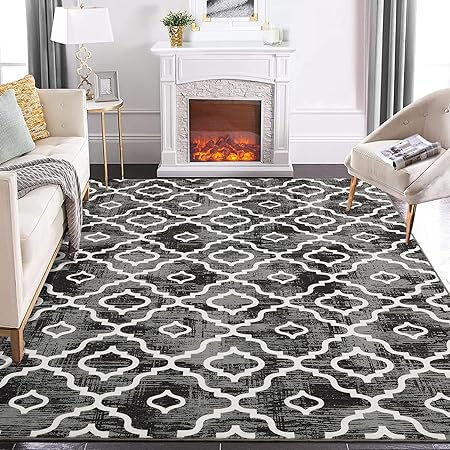GlowSol Area Rug 8x10 Washable Rug Large Modern Trellis Rug Geometric Neutral Soft Grey Rug for Living Room Bedroom Dining Room Non Slip Stain-Resistant Carpet for Home Office Decor