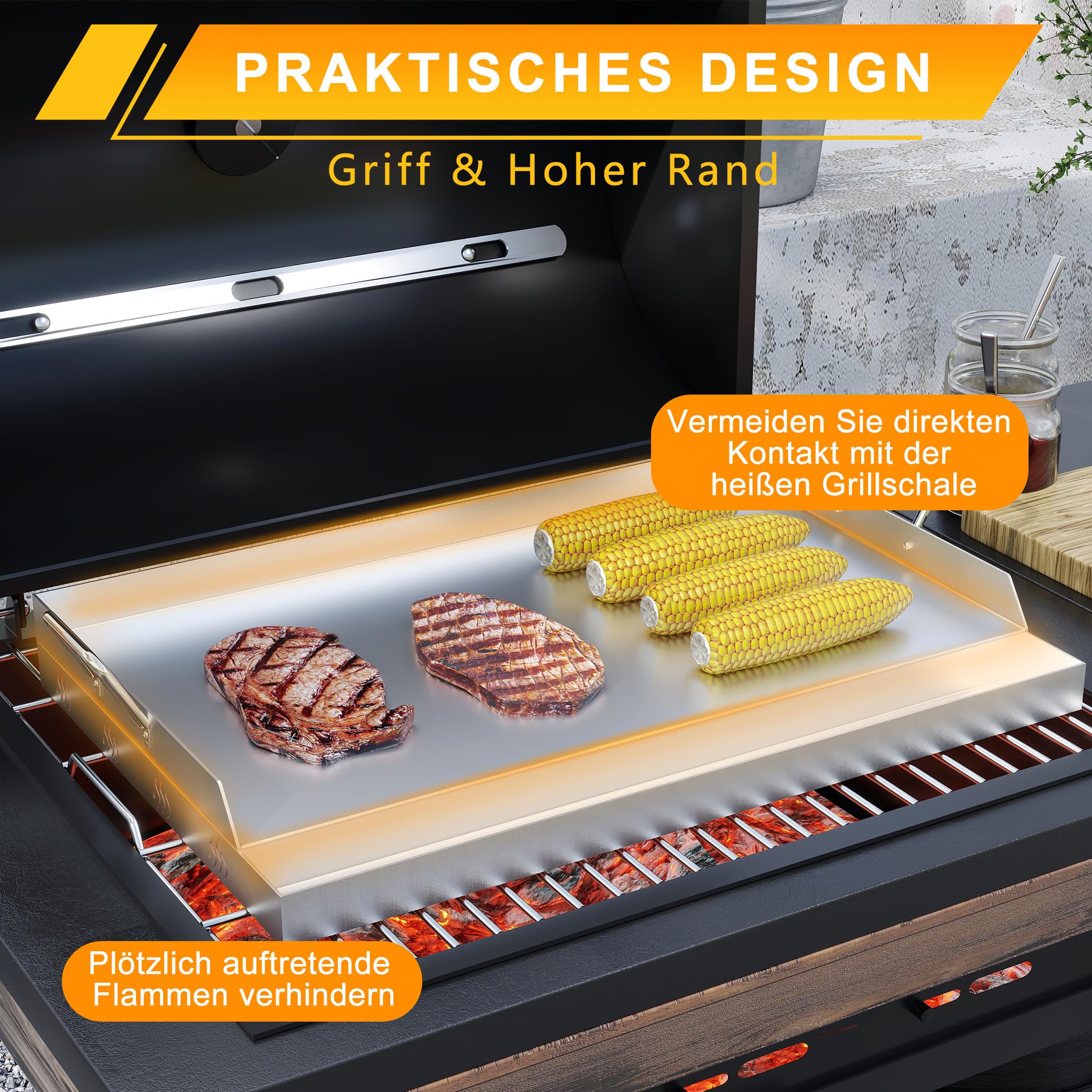 Plancha płyta grillowa ze stali nierdzewnej, 54 x 32 x 7 cm (4 mm), z praktycznym zestawem szpachli do grilla – idealna do grilla gazowego i grilla na węgiel drzewny | nierdzewna płyta BBQ (z