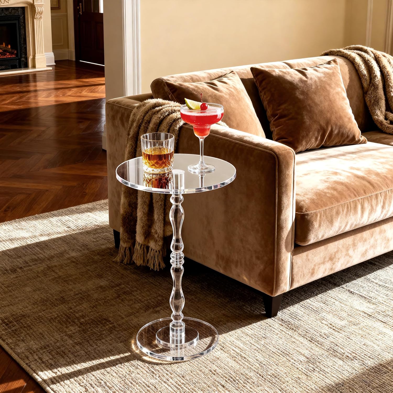 Acrylic Side Table, Classic Roman Column Pedestal End Table for Living Room, Bedroom,Balcony，Easy Assembly (Clear, Large)