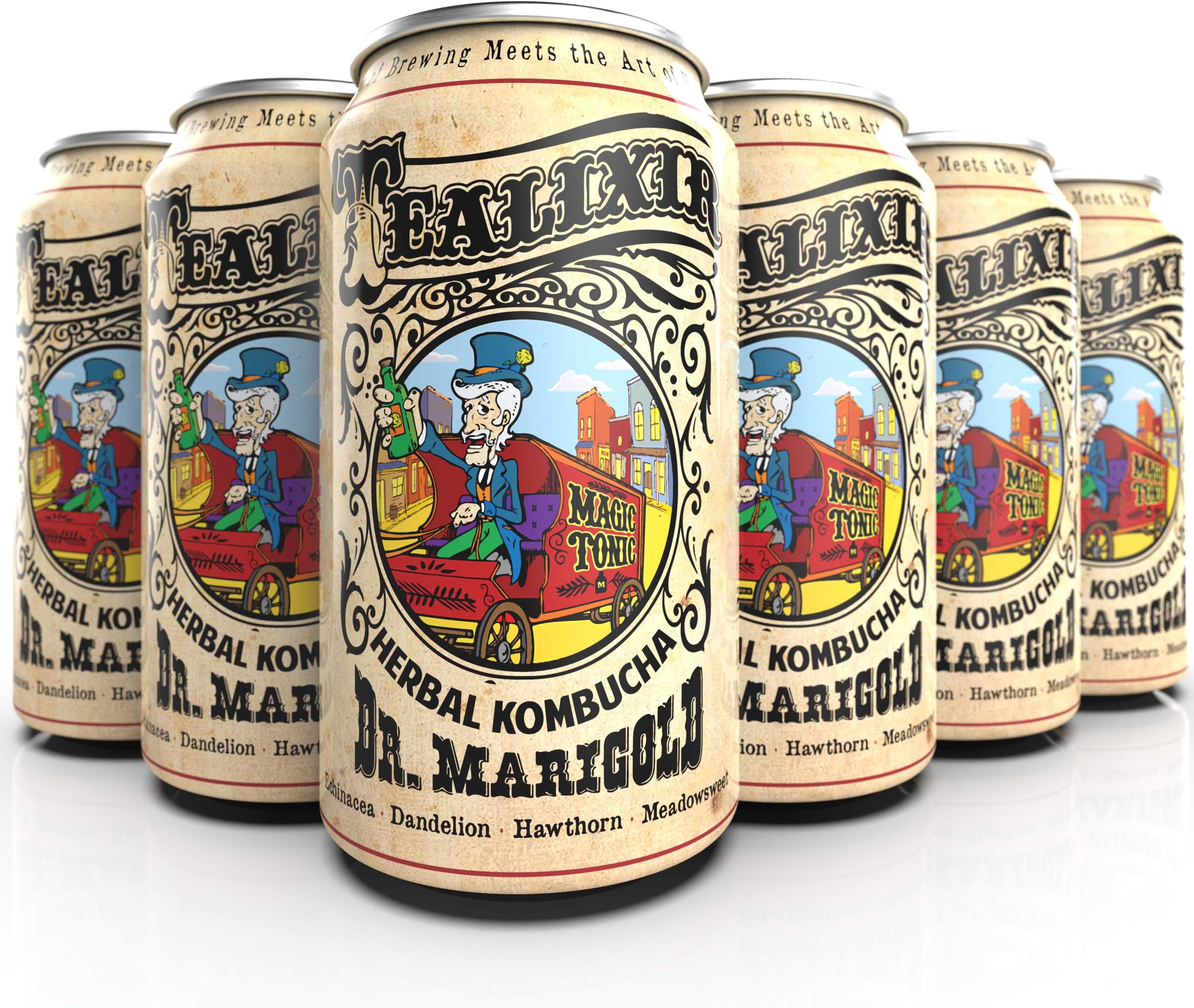 Tealixir Herbal Kombucha Tea - Dr Marigold - Inspired By North American Folk Medicine, This Herbal Tonic Features Echinacea, Dandelion, Hawthorn and Meadowsweet, Probiotic, Vegan, 12 PACK